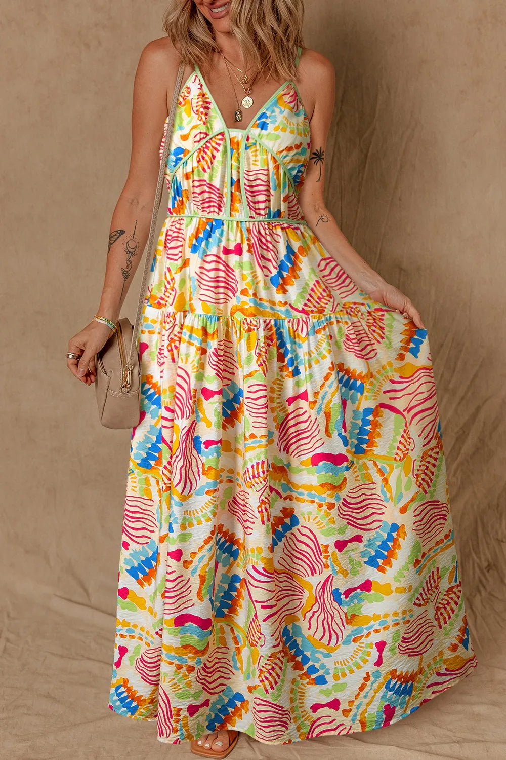 Abstract Print Spaghetti Strap Piping Detail Maxi Dress – Trendsi | ClozArt