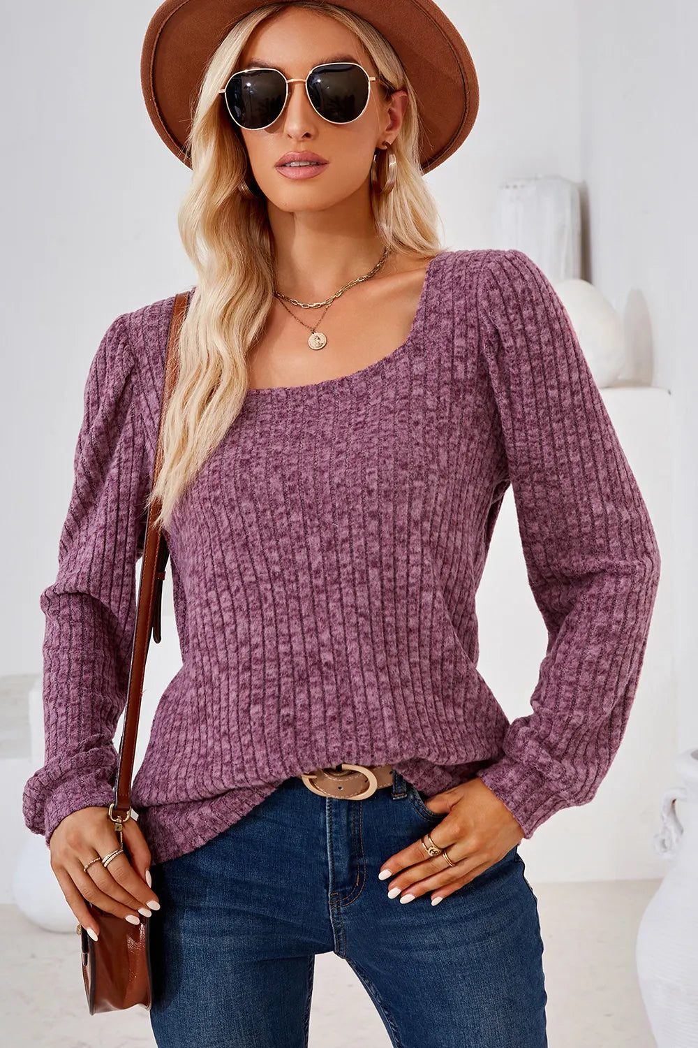 Ribbed Square Neck Long Sleeve T-Shirt – Trendsi | ClozArt