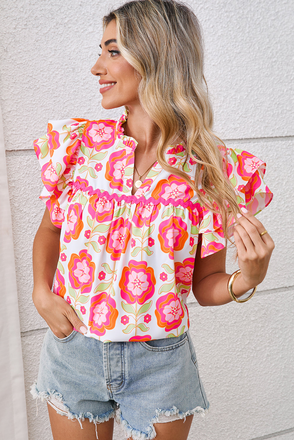 Rose Boho Floral Print Ricrac Ruffle Sleeve Blouse – Shewin | ClozArt