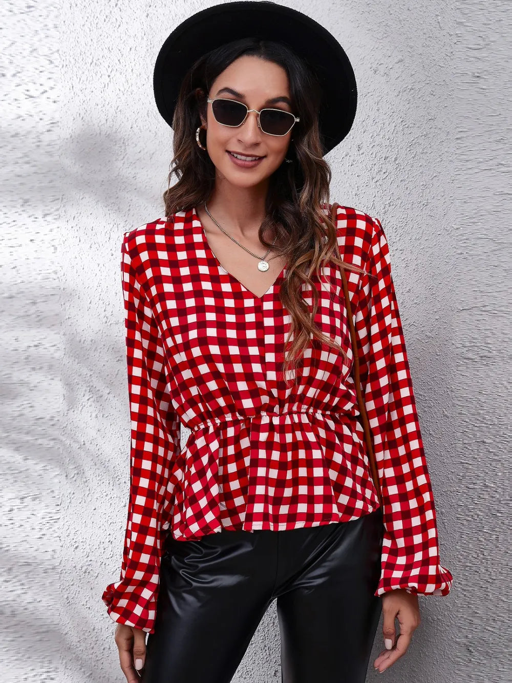 Plaid V-Neck Balloon Sleeve Peplum Blouse – Trendsi | ClozArt