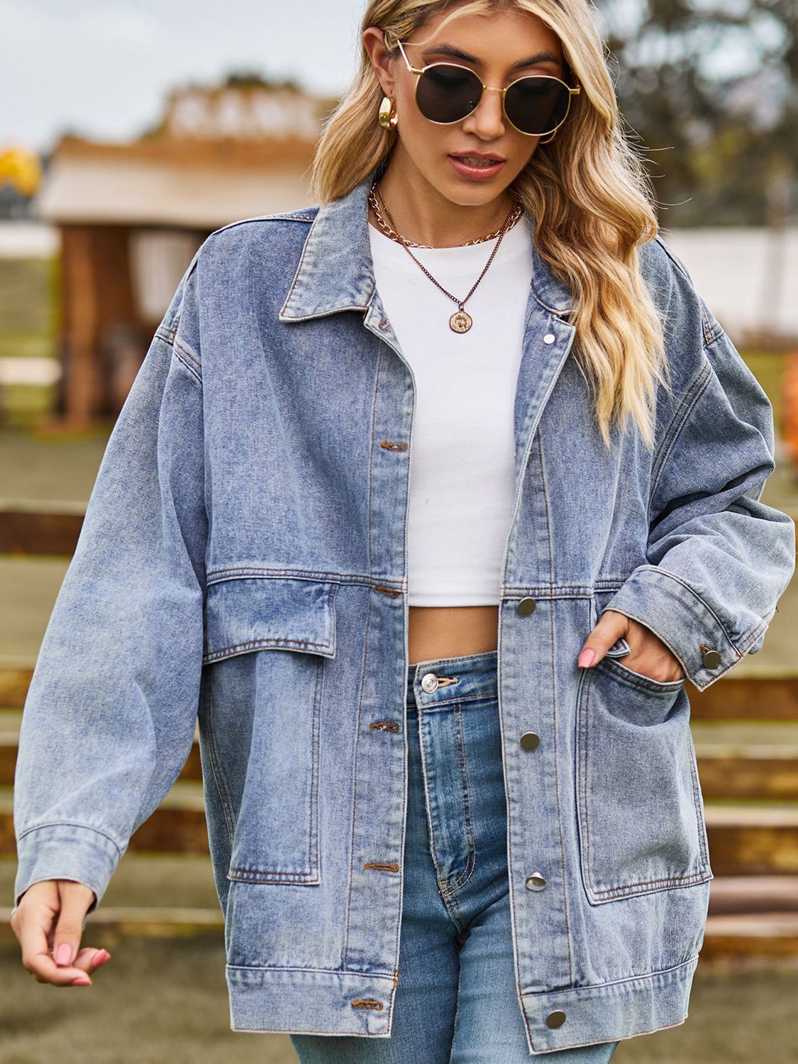 Dropped Shoulder Denim Jacket with Pockets – Trendsi | ClozArt