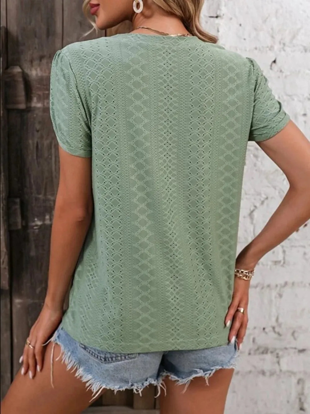 Eyelet V-Neck Petal Sleeve T-Shirt – Trendsi | ClozArt