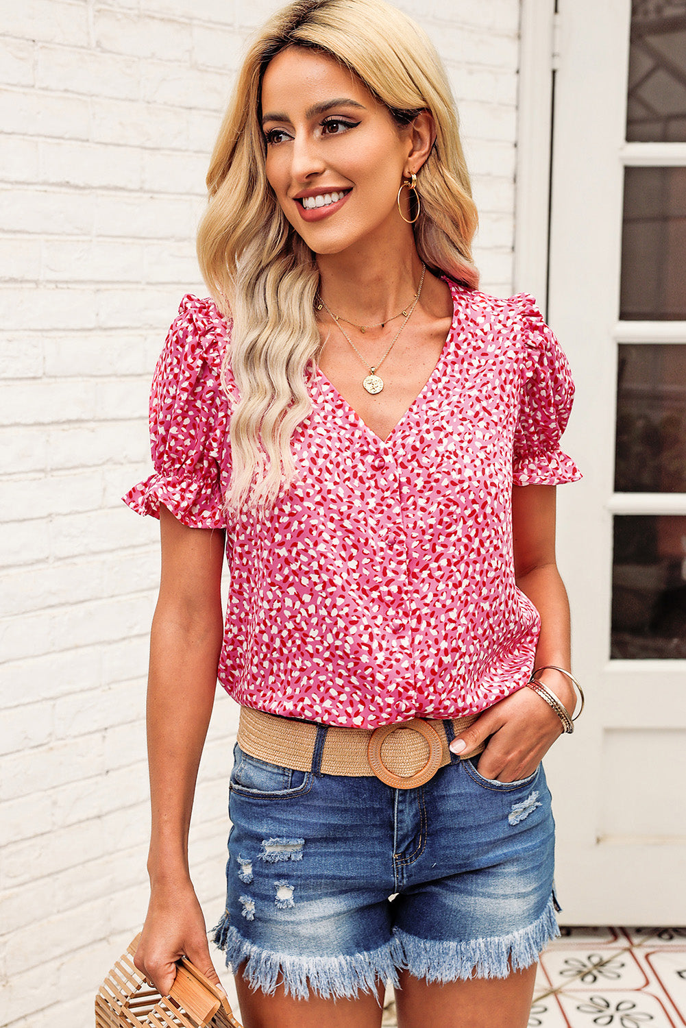 Printed Flounce Sleeve Plunge Blouse – Trendsi | ClozArt