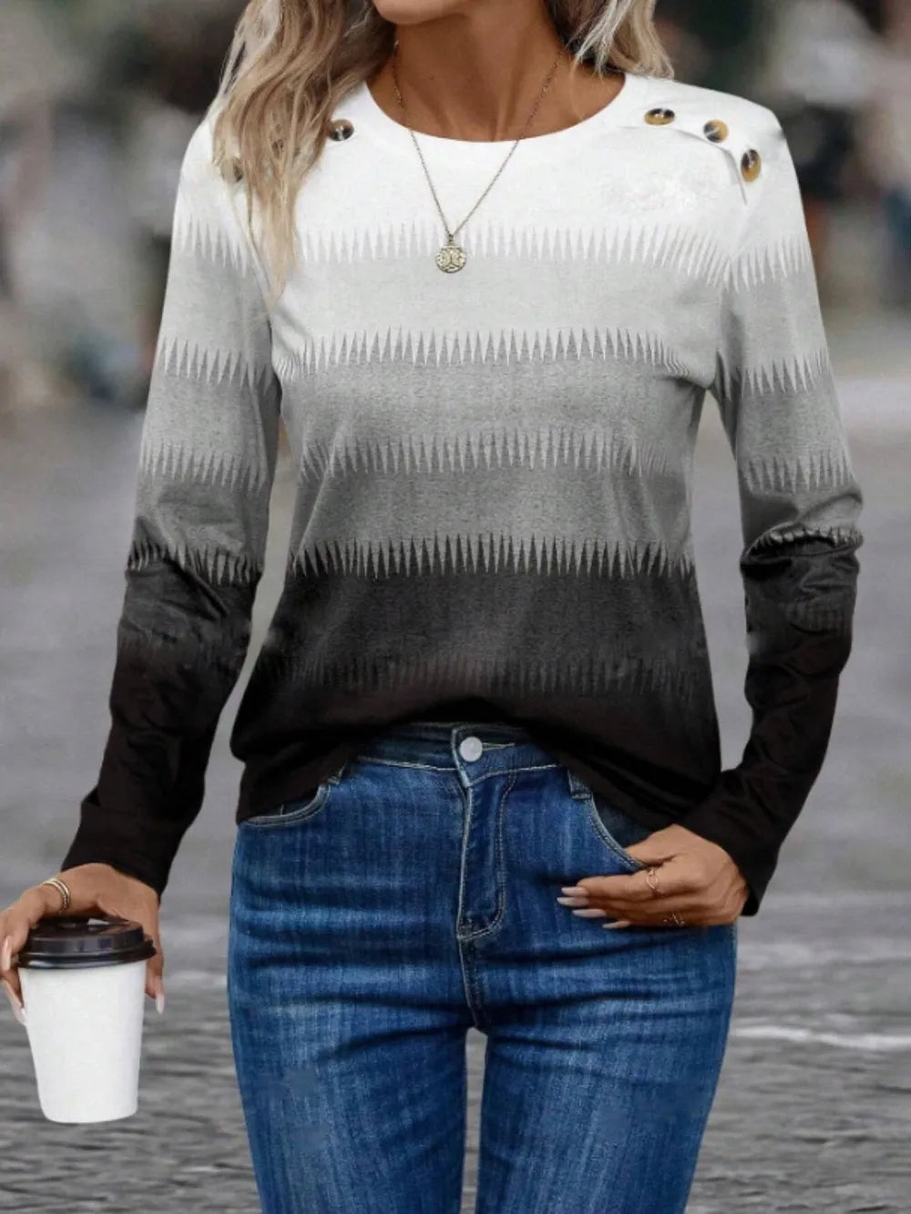 Decorative Button Contrast Round Neck Long Sleeve T-Shirt – Trendsi | ClozArt