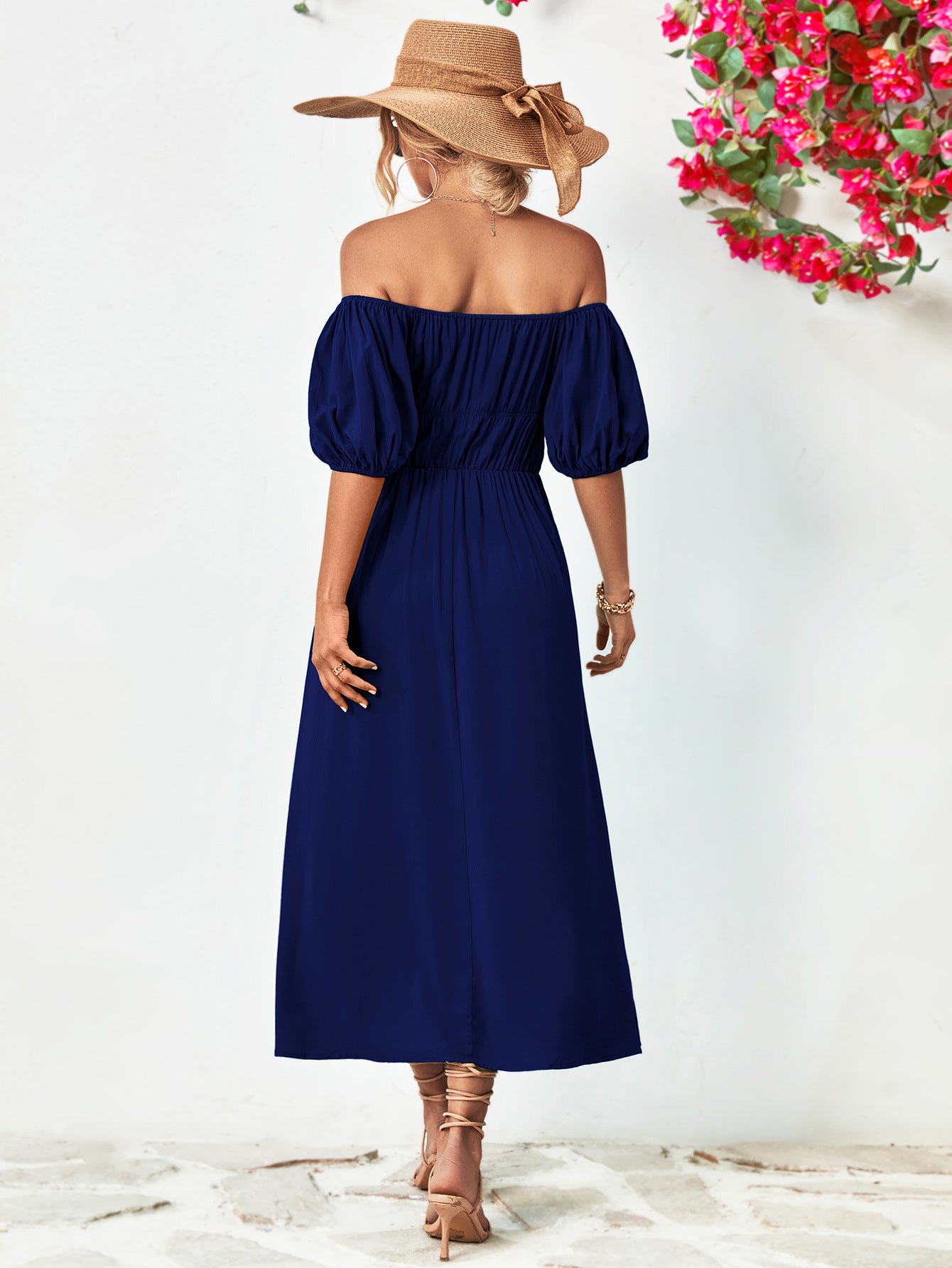 Off-Shoulder Balloon Sleeve Midi Dress – Trendsi | ClozArt