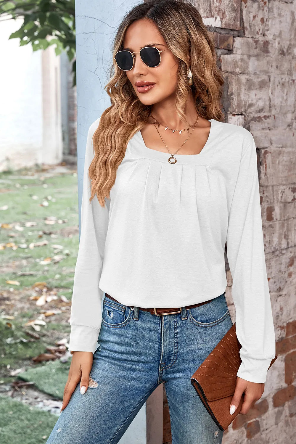 Ruched Square Neck Long Sleeve T-Shirt – Trendsi | ClozArt