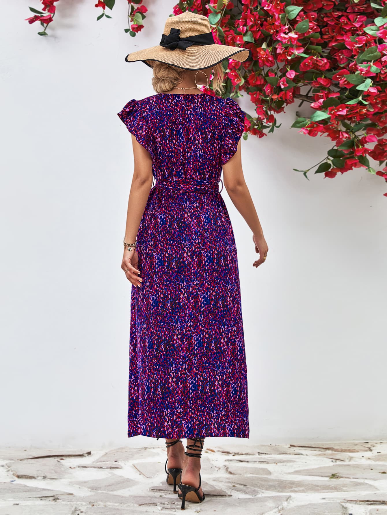 Printed Surplice Neck Flutter Sleeve Slit Dress – Trendsi | ClozArt