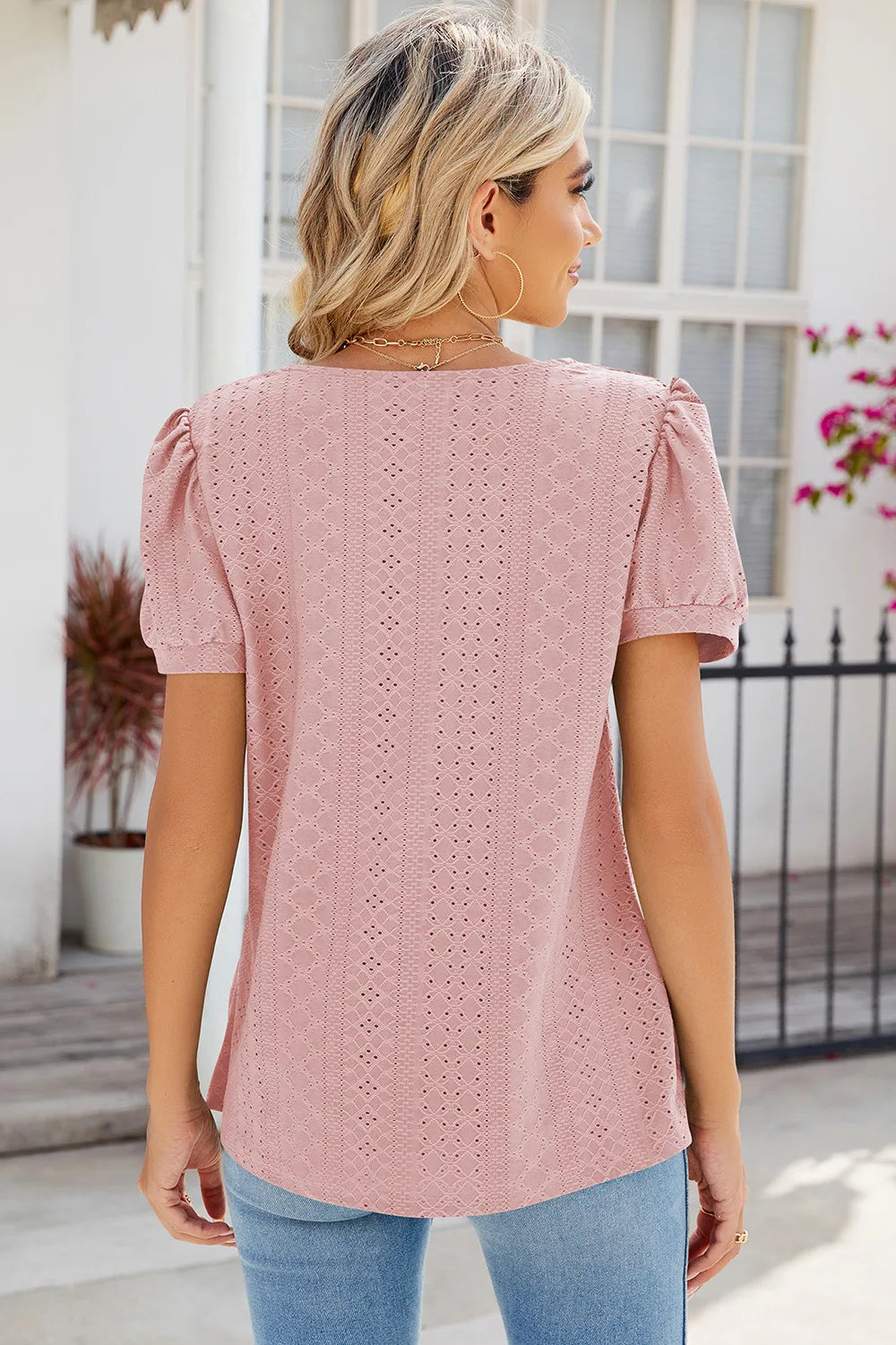 Eyelet Puff Sleeve T-Shirt – Trendsi | ClozArt
