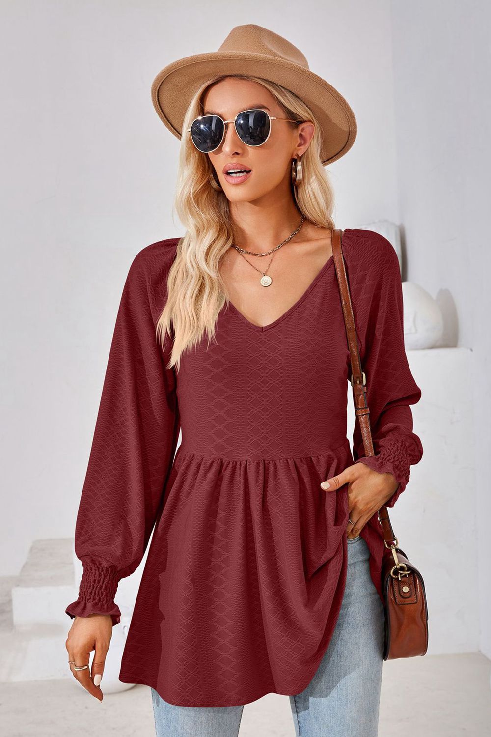 V-Neck Lantern Sleeve Blouse – Trendsi | ClozArt