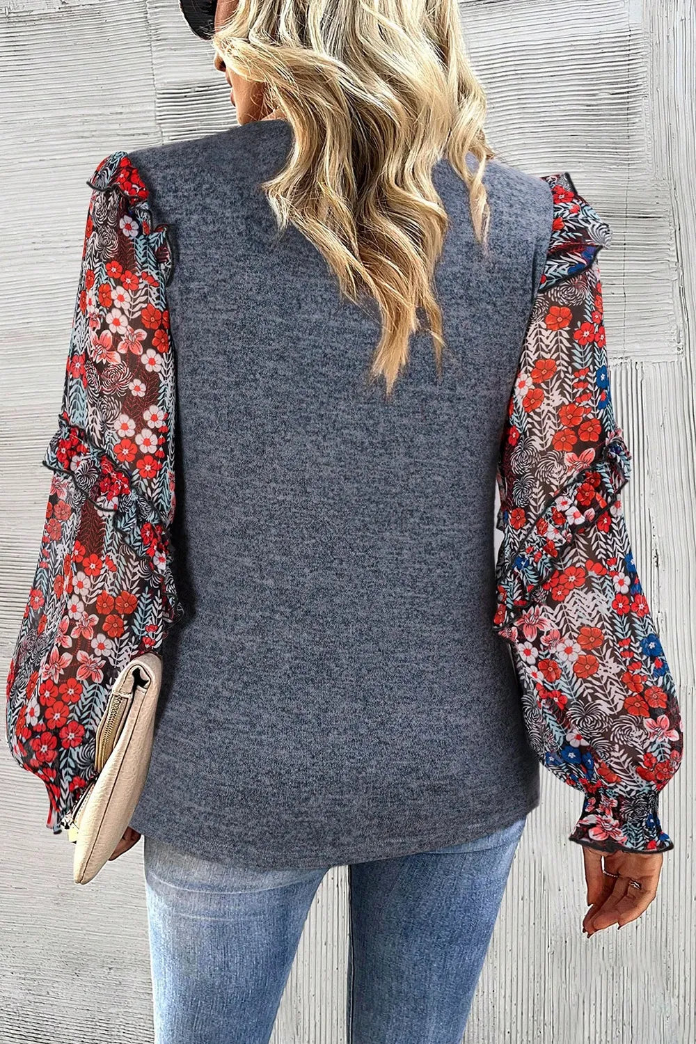 Heathered Floral Frill Lantern Sleeve Blouse – Trendsi | ClozArt
