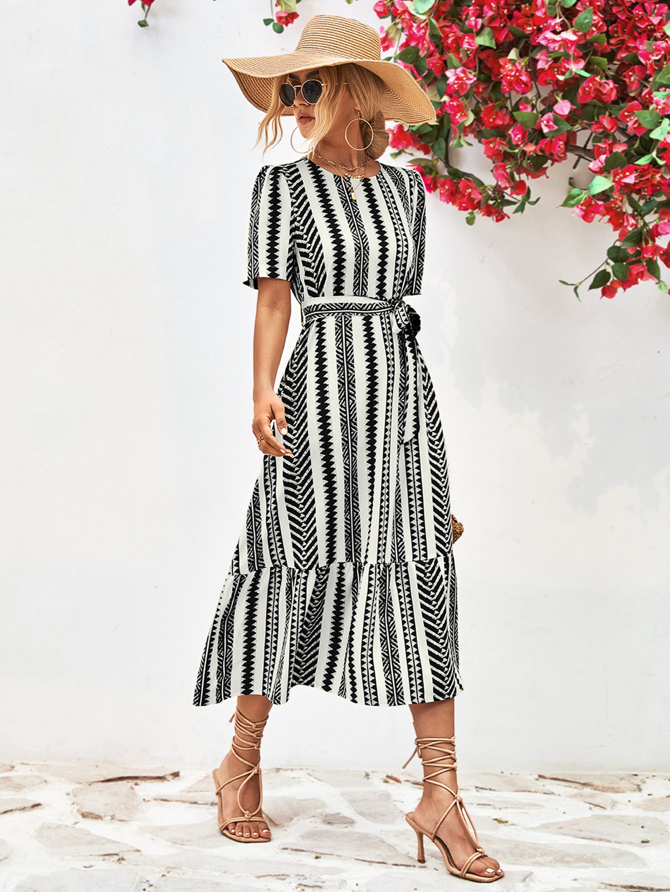 Striped Tie Belt Round Neck Puff Sleeve Dress – Trendsi | ClozArt