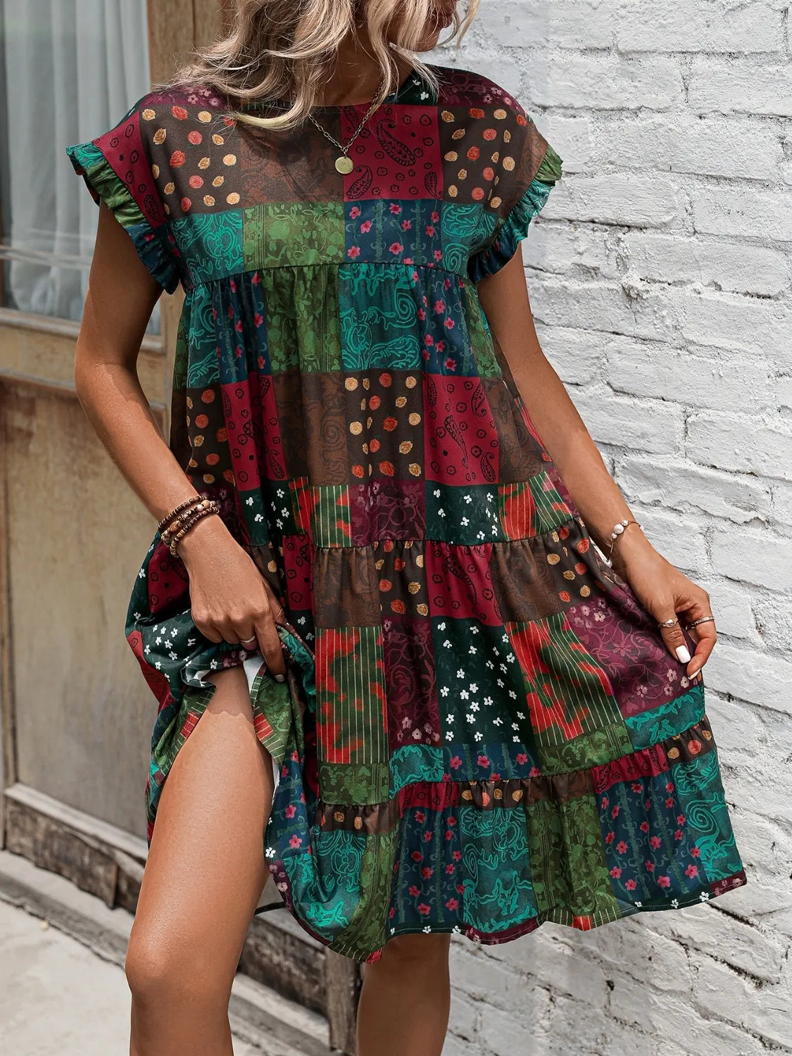 Color Block Print Short Sleeve Mini Dress – Trendsi | ClozArt
