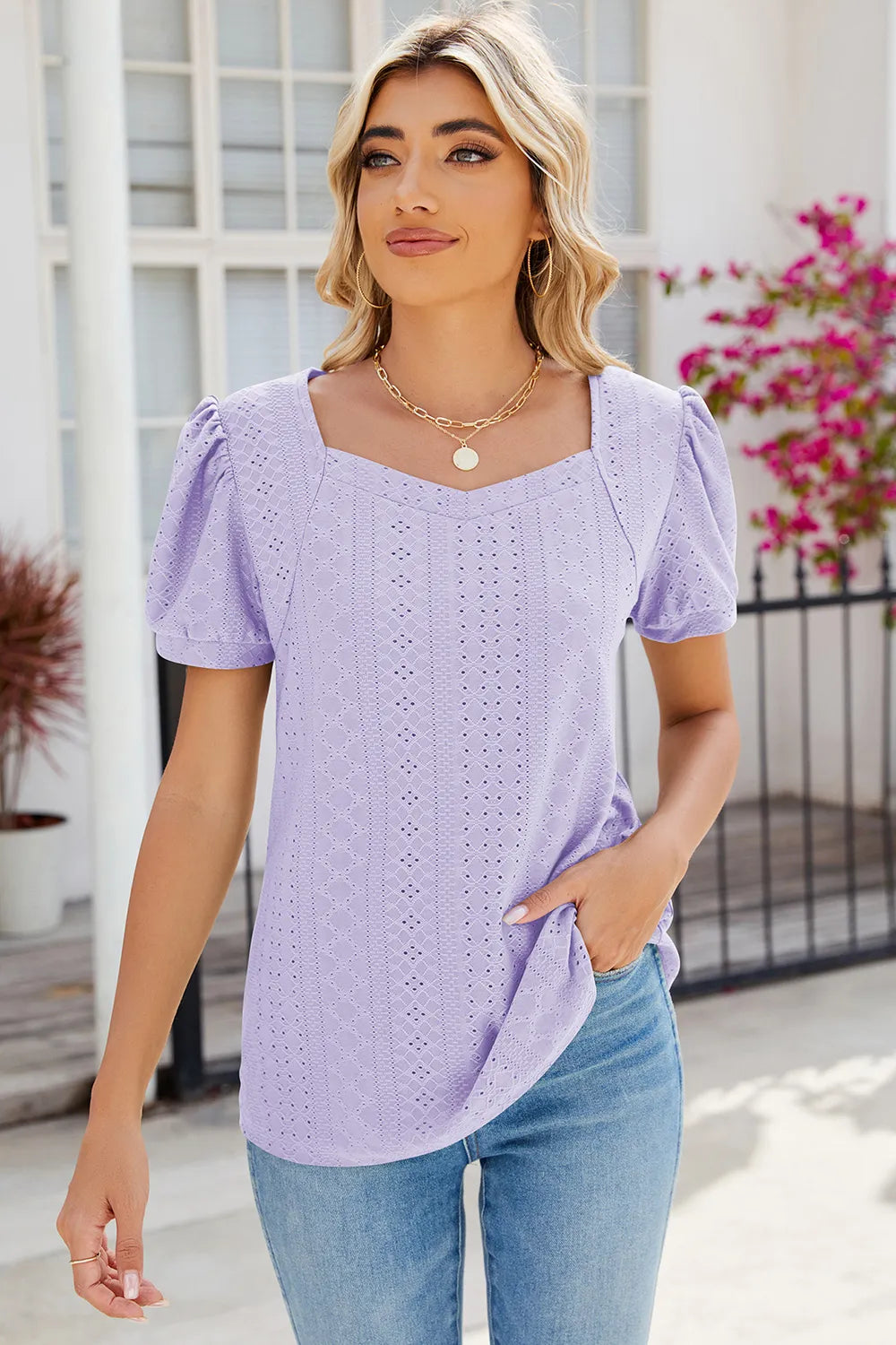 Eyelet Puff Sleeve T-Shirt – Trendsi | ClozArt