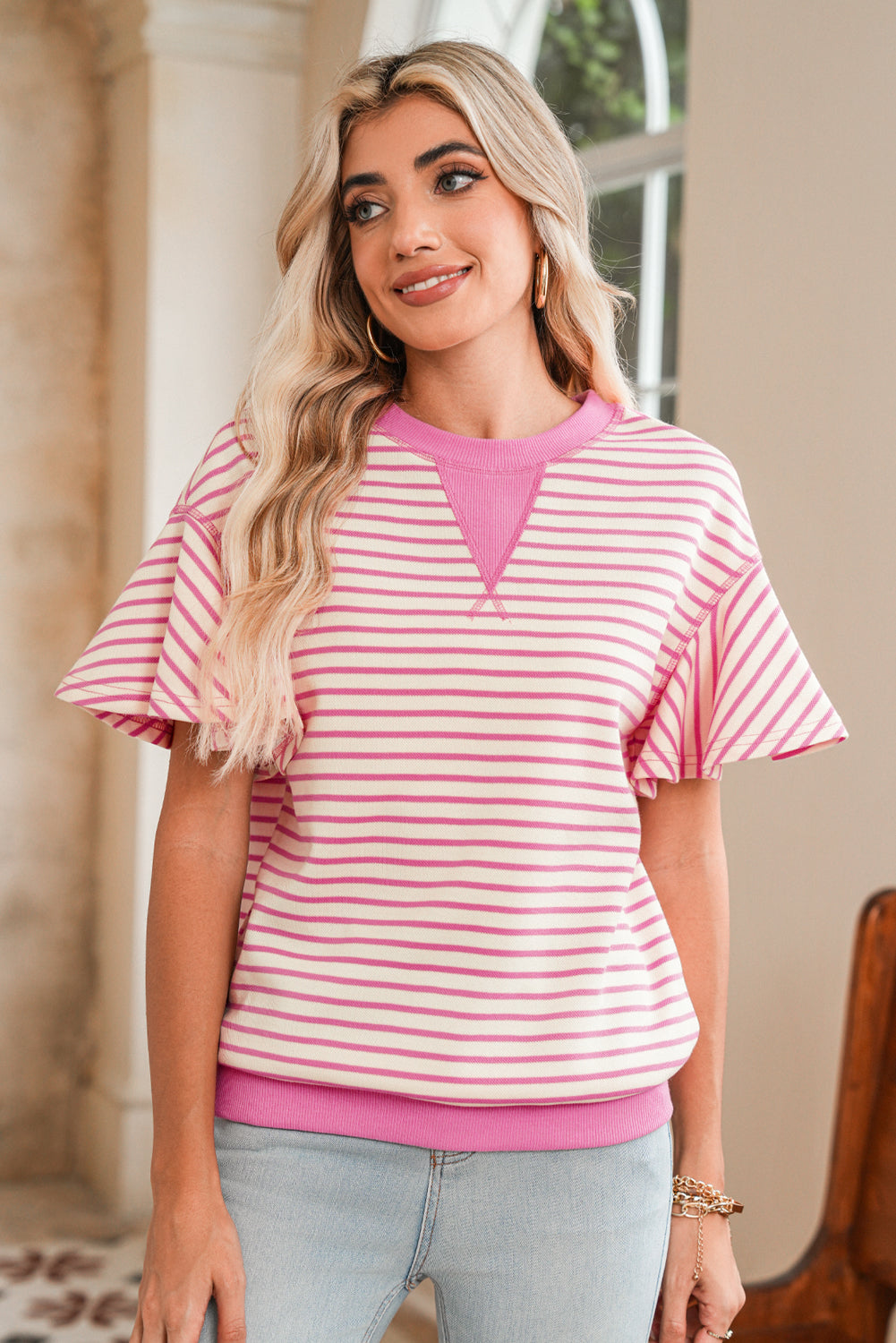 Sachet Pink Striped Ruffle Sleeve Round Neck Top – Shewin | ClozArt