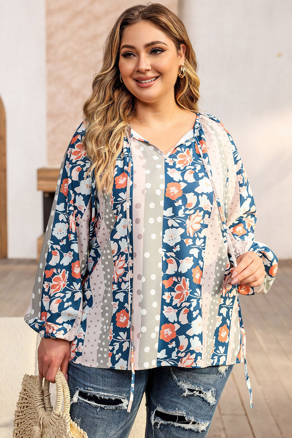 Plus Size Floral Tie Neck Blouse – Trendsi | ClozArt