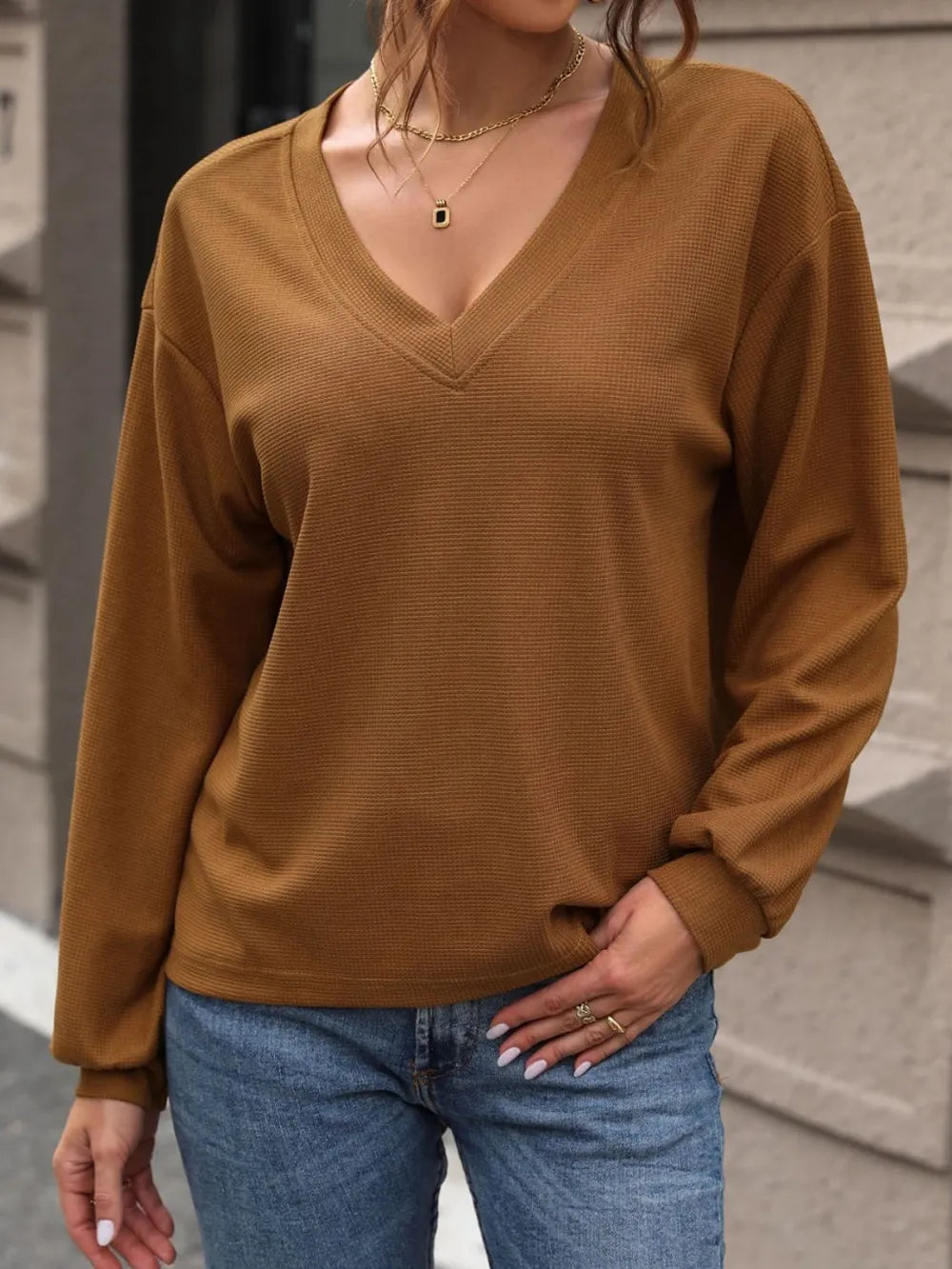 Perfee V-Neck Long Sleeve Top – Trendsi | ClozArt