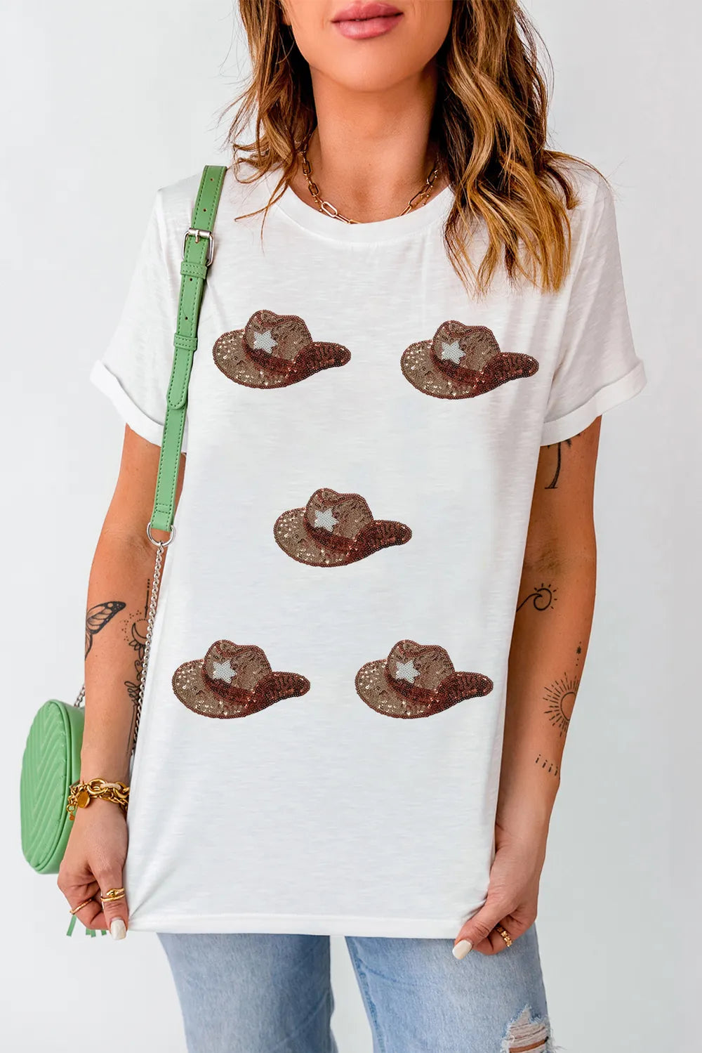 Sequin Hat Round Neck Short Sleeve T-Shirt – Trendsi | ClozArt