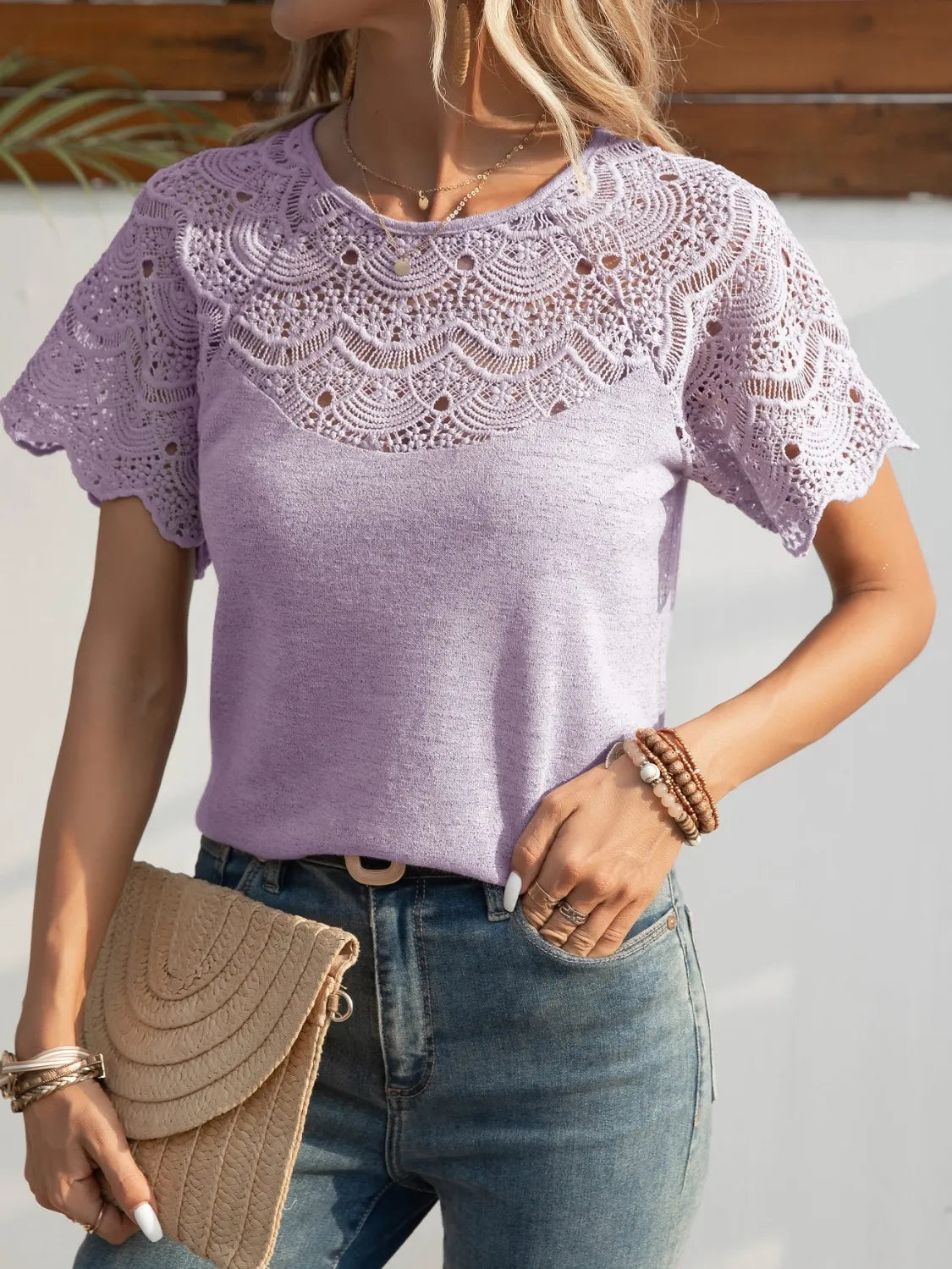 Round Neck Short Sleeve Crochet Top – Trendsi | ClozArt