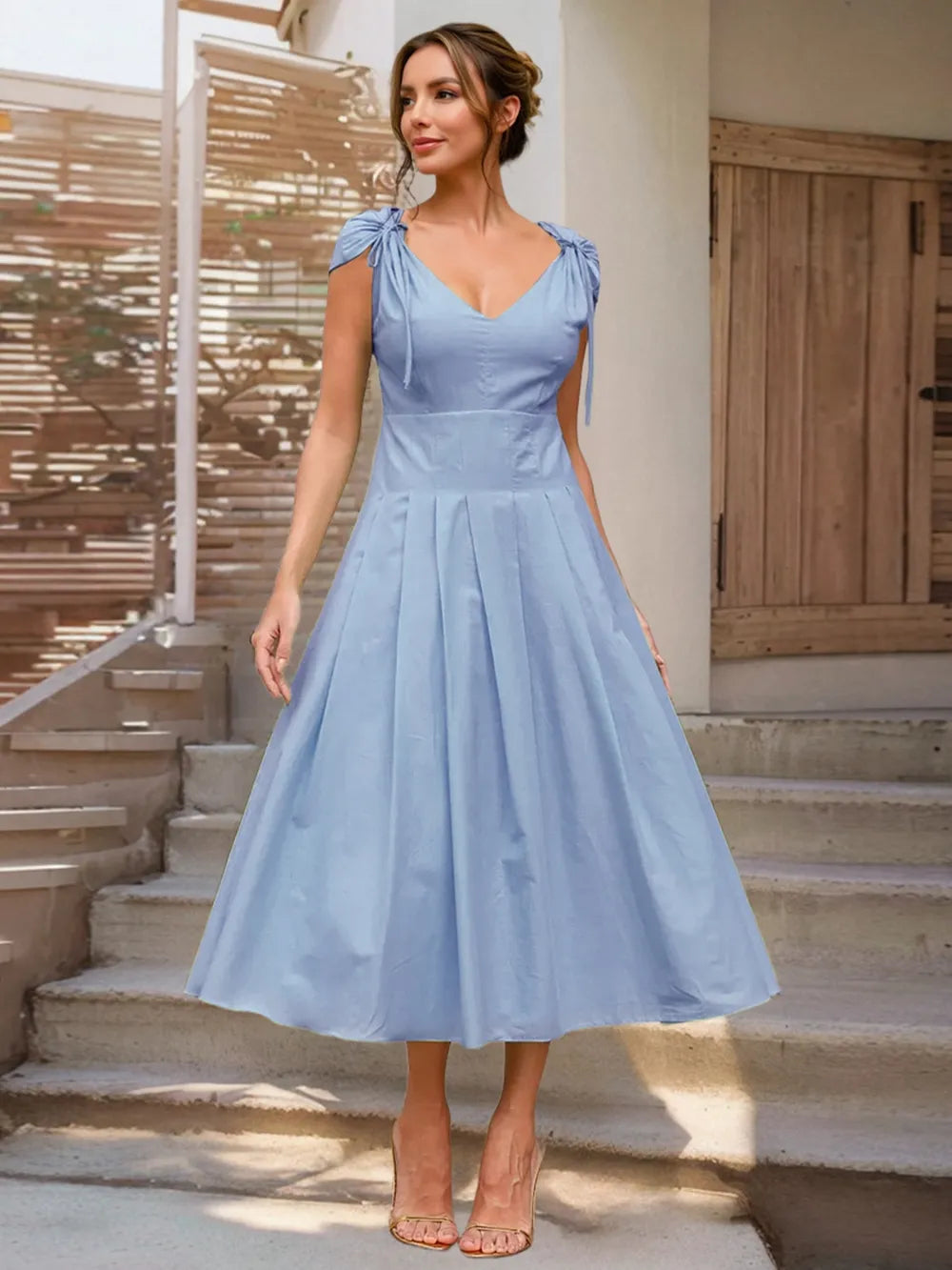 Pleated Detail V-Neck Cap Sleeve Midi Dress – Trendsi | ClozArt