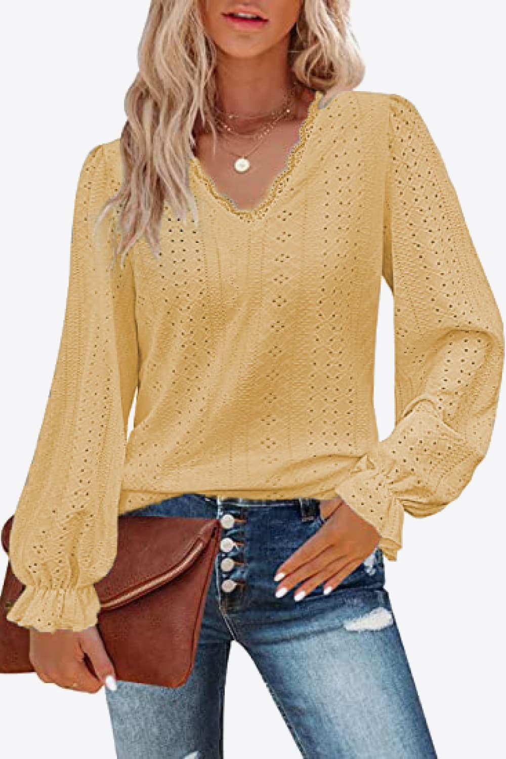 Eyelet V-Neck Flounce Sleeve Blouse – Trendsi | ClozArt