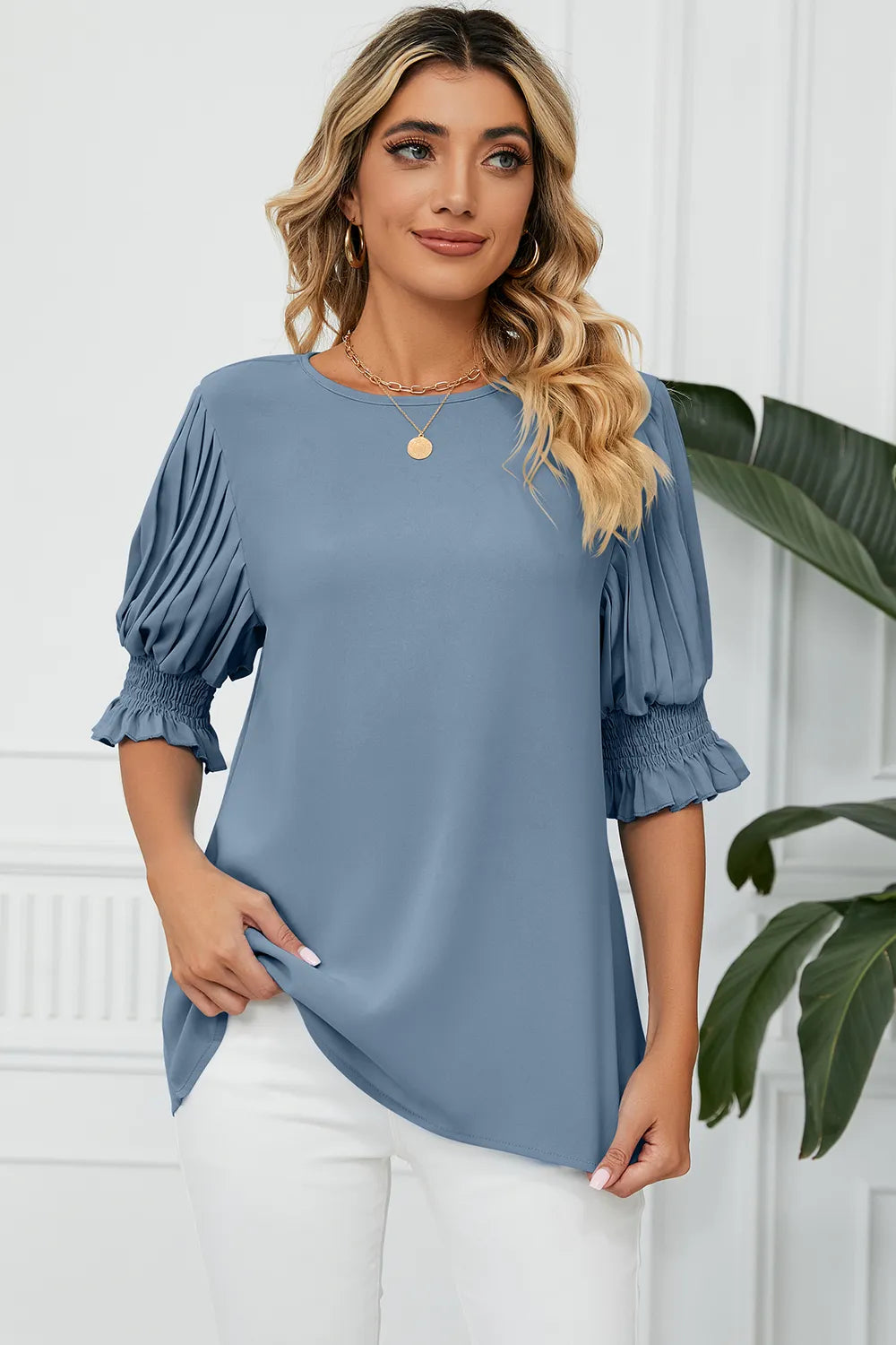Frill Round Neck Lantern Sleeve T-Shirt – Trendsi | ClozArt