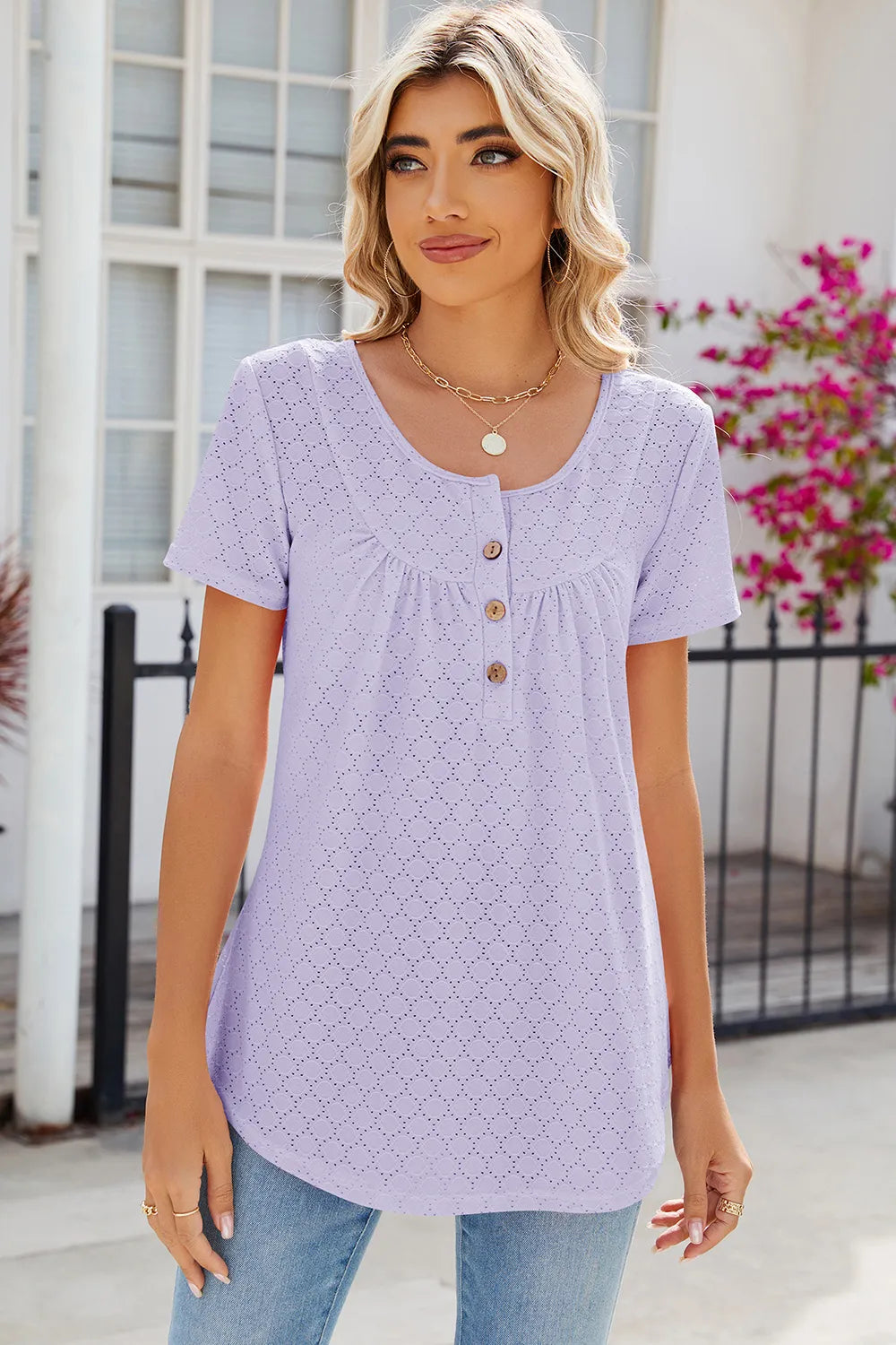 Eyelet Quarter Button Short Sleeve T-Shirt – Trendsi | ClozArt