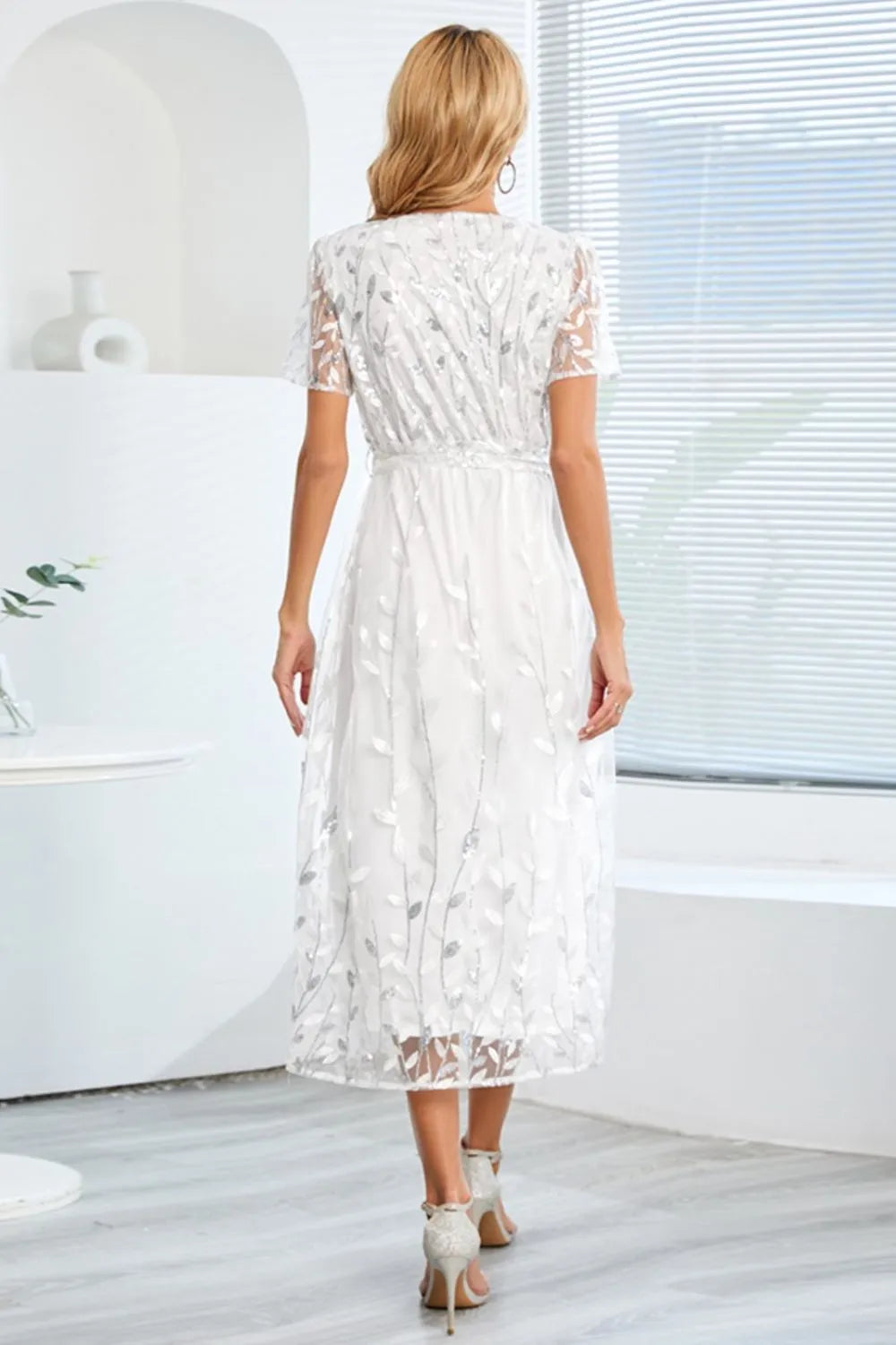 Sequin Leaf Embroidery Tie Front Short Sleeve Dress – Trendsi | ClozArt