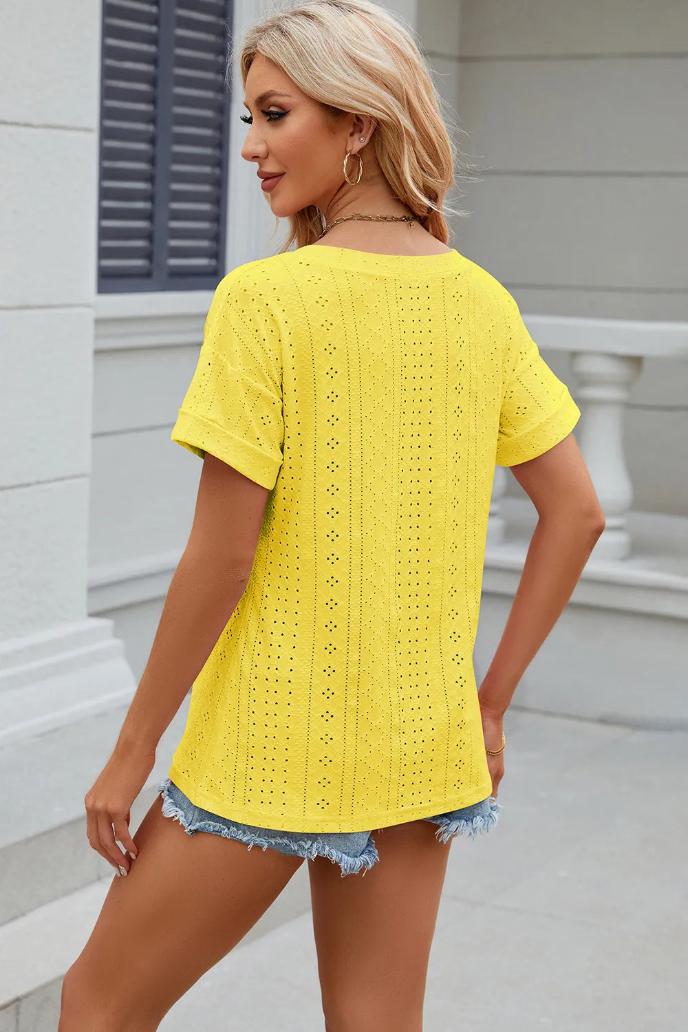 Eyelet V-Neck Short Sleeve T-Shirt – Trendsi | ClozArt