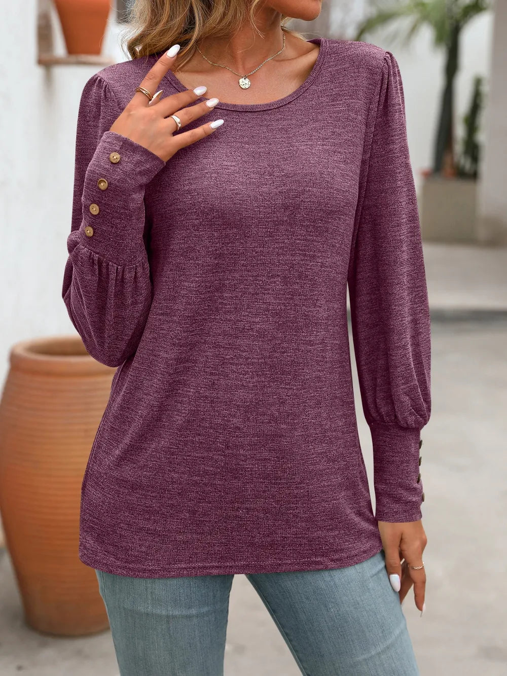 Decorative Button Round Neck Long Sleeve T-Shirt – Trendsi | ClozArt