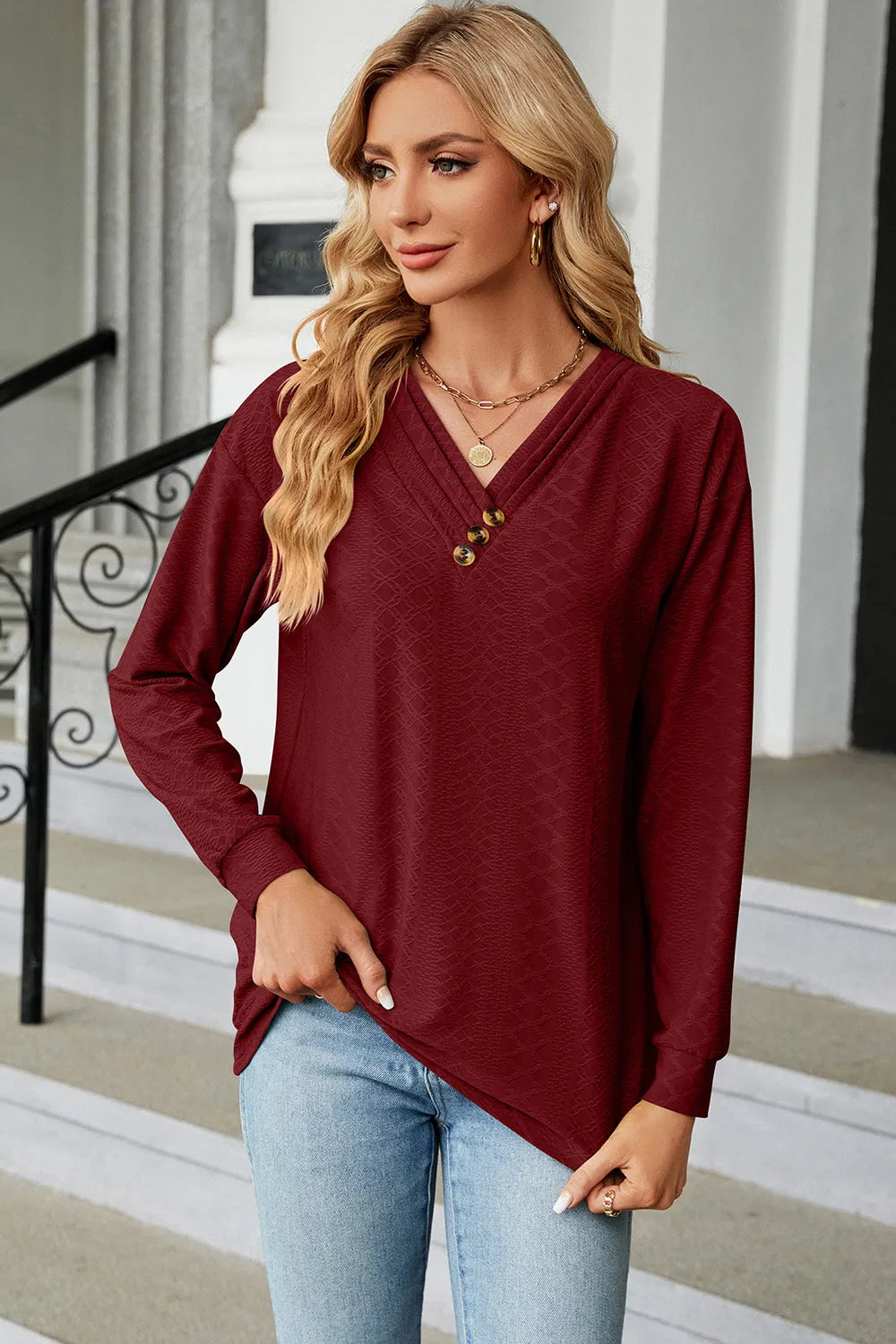 V-Neck Long Sleeve T-Shirt – Trendsi | ClozArt