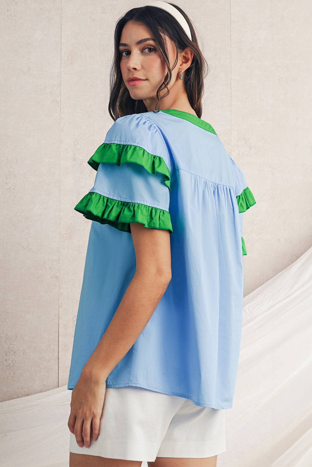 Mist Blue Ruffle Trim V-Neck Puff Sleeve Blouse – Shewin | ClozArt