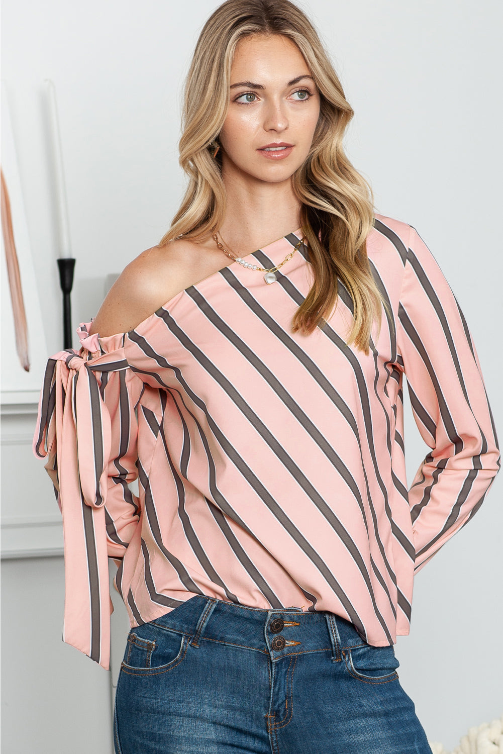 Striped Asymmetrical Long Sleeve Blouse – Trendsi | ClozArt
