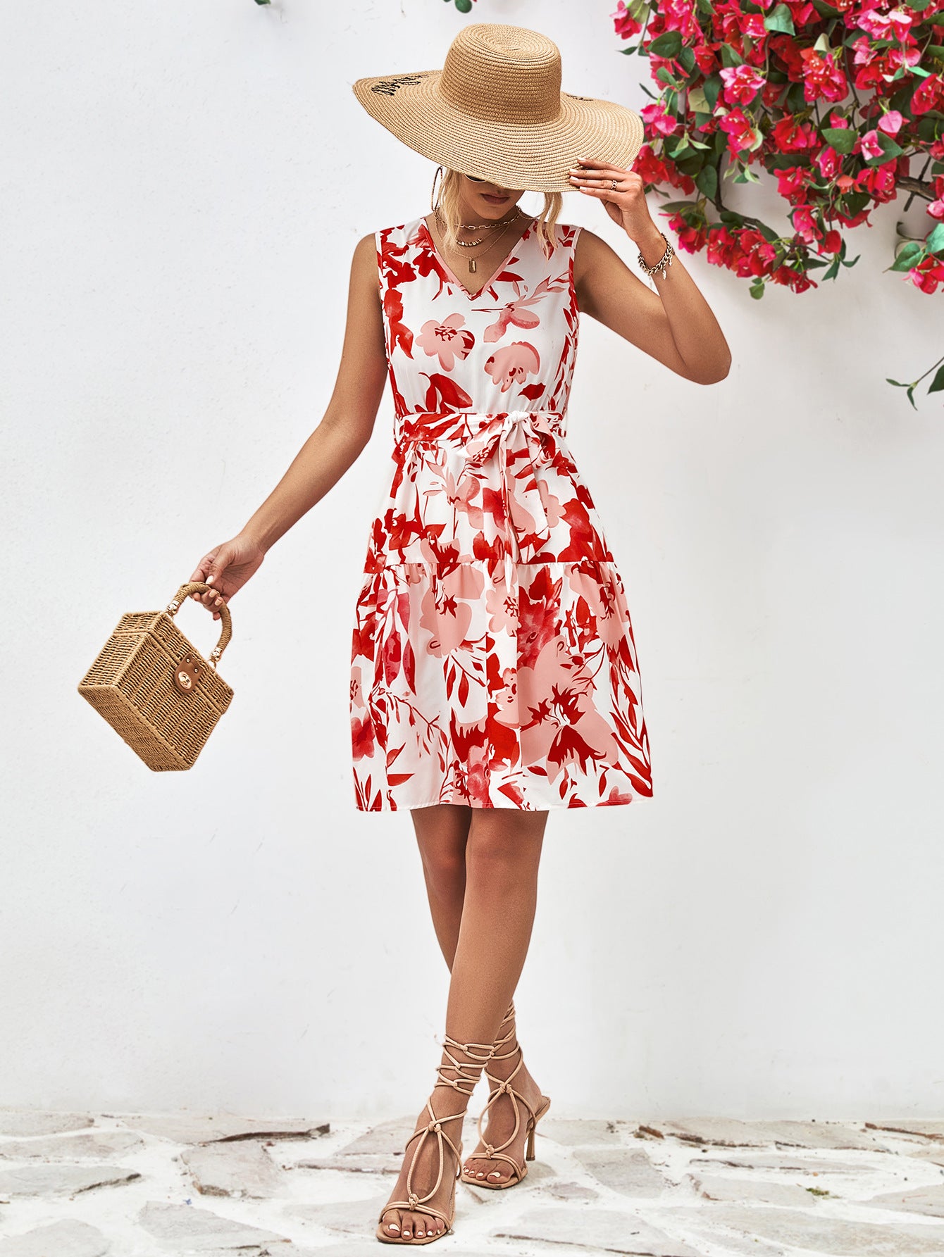 Floral V-Neck Tie Waist Sleeveless Dress – Trendsi | ClozArt