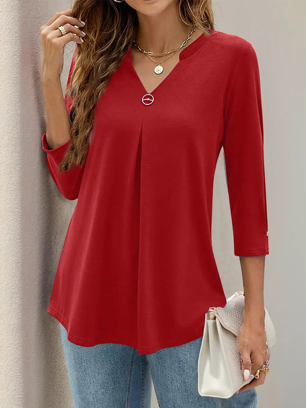 Notched Three-Quarter Sleeve T-Shirt – Trendsi | ClozArt
