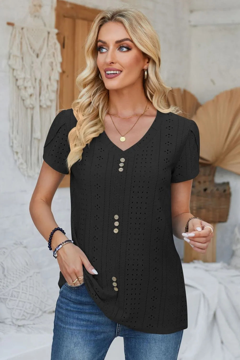 Decorative Button Eyelet V-Neck Short Sleeve T-Shirt – Trendsi | ClozArt