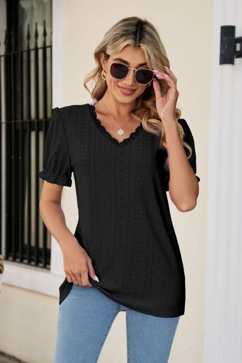 Eyelet Flounce Sleeve Scalloped V-Neck Top – Trendsi | ClozArt