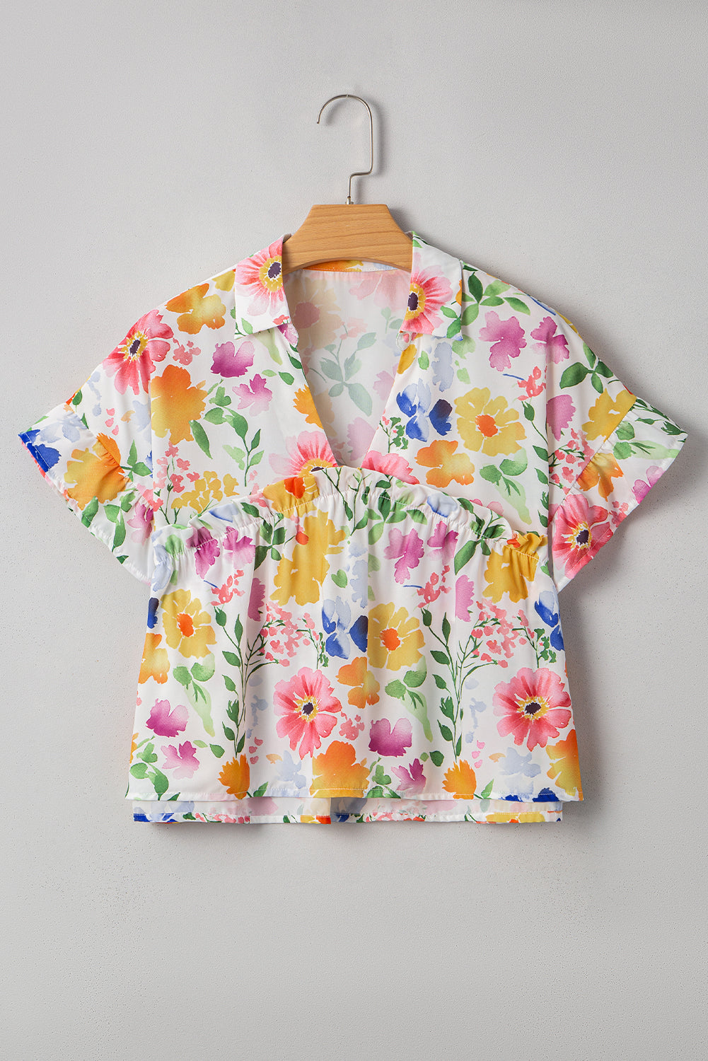 Yellow Allover Floral Print Boxy Fit V Neck Blouse – Shewin | ClozArt