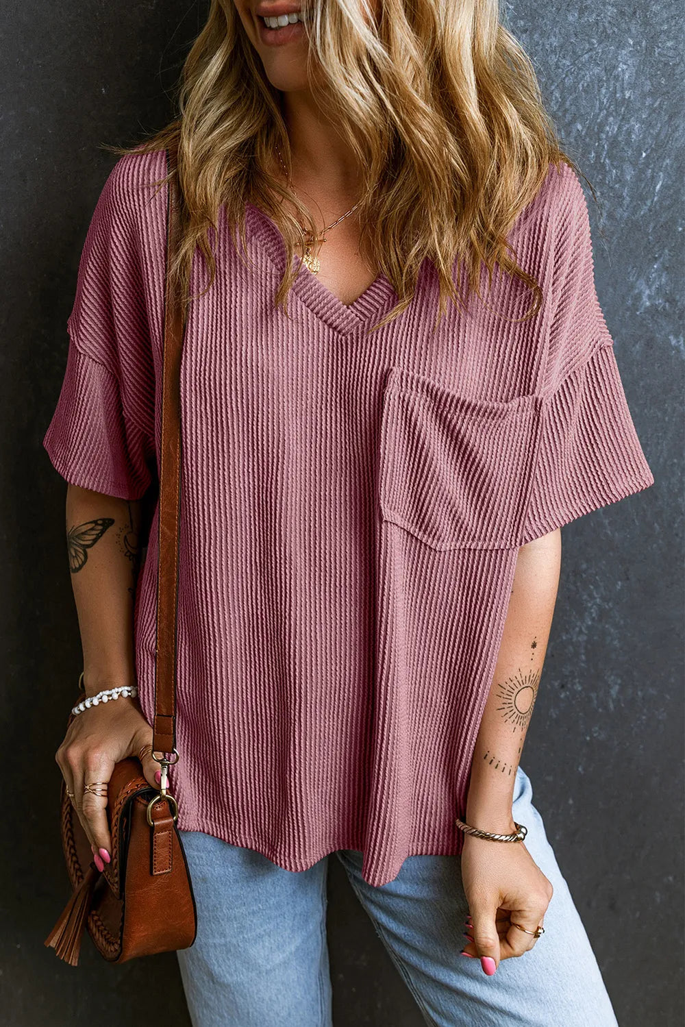 Textured V-Neck Dropped Shoulder T-Shirt – Trendsi | ClozArt