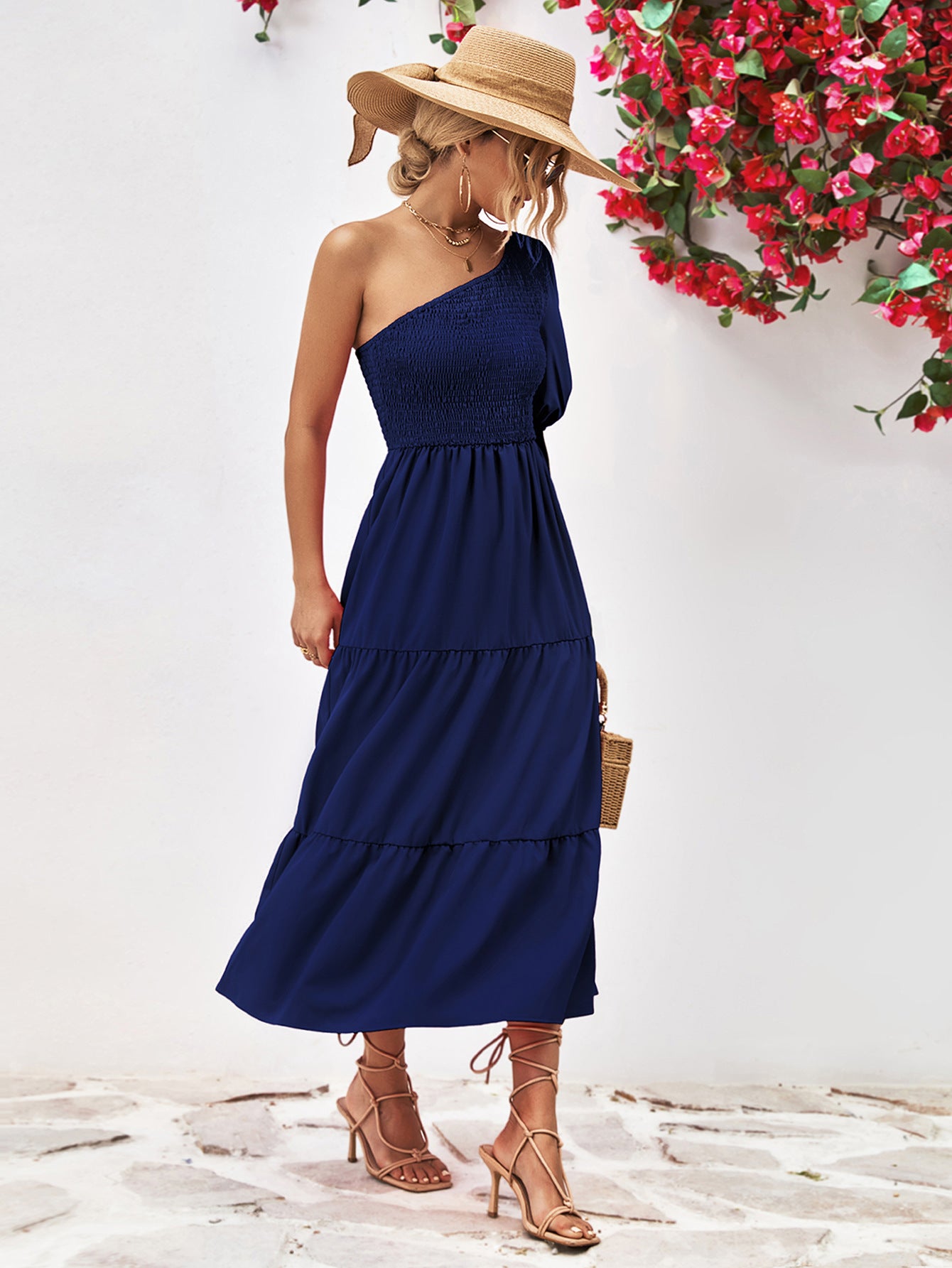 Smocked One-Shoulder Midi Dress – Trendsi | ClozArt