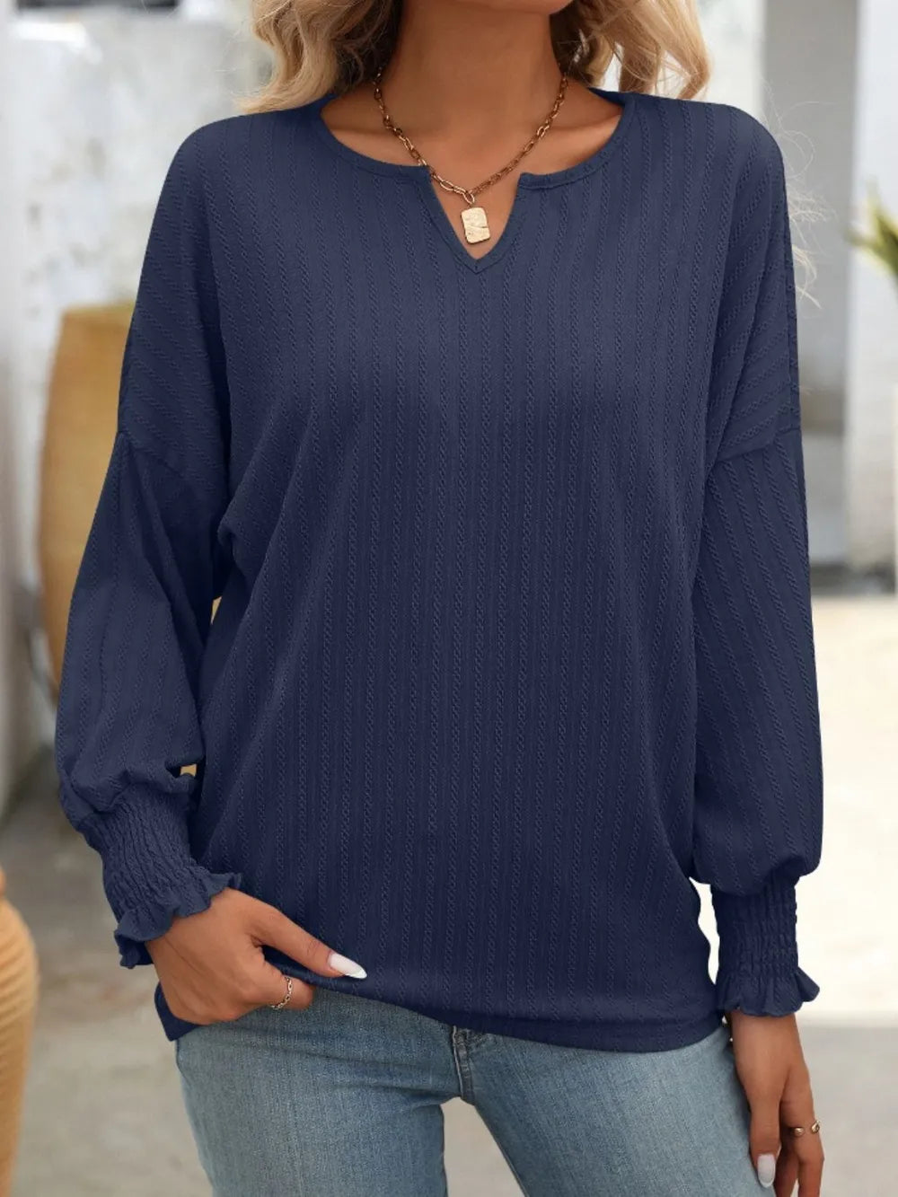 Mandy Textured Notched Lantern Sleeve T-Shirt – Trendsi | ClozArt