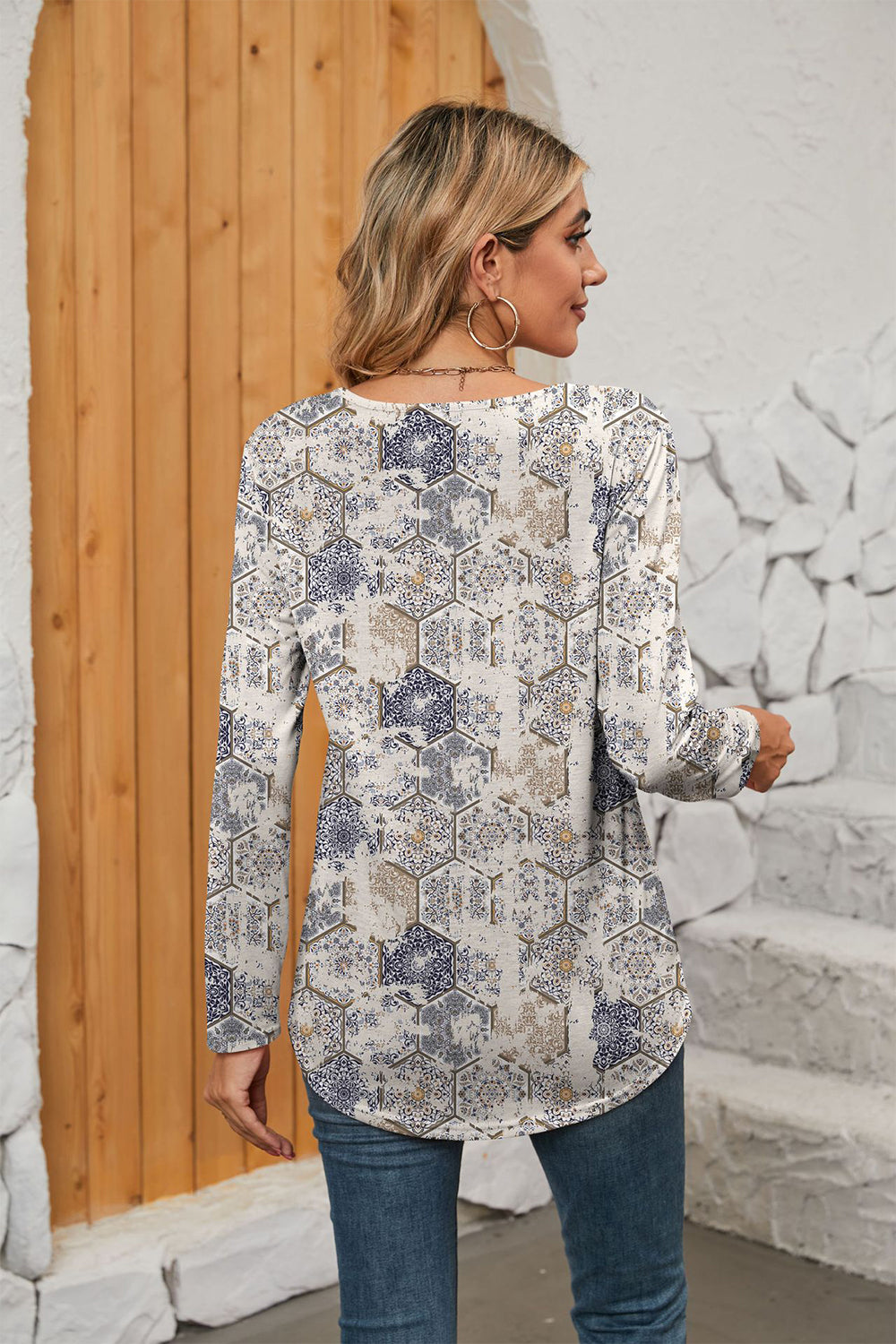 Printed Square Neck Long Sleeve Blouse – Trendsi | ClozArt