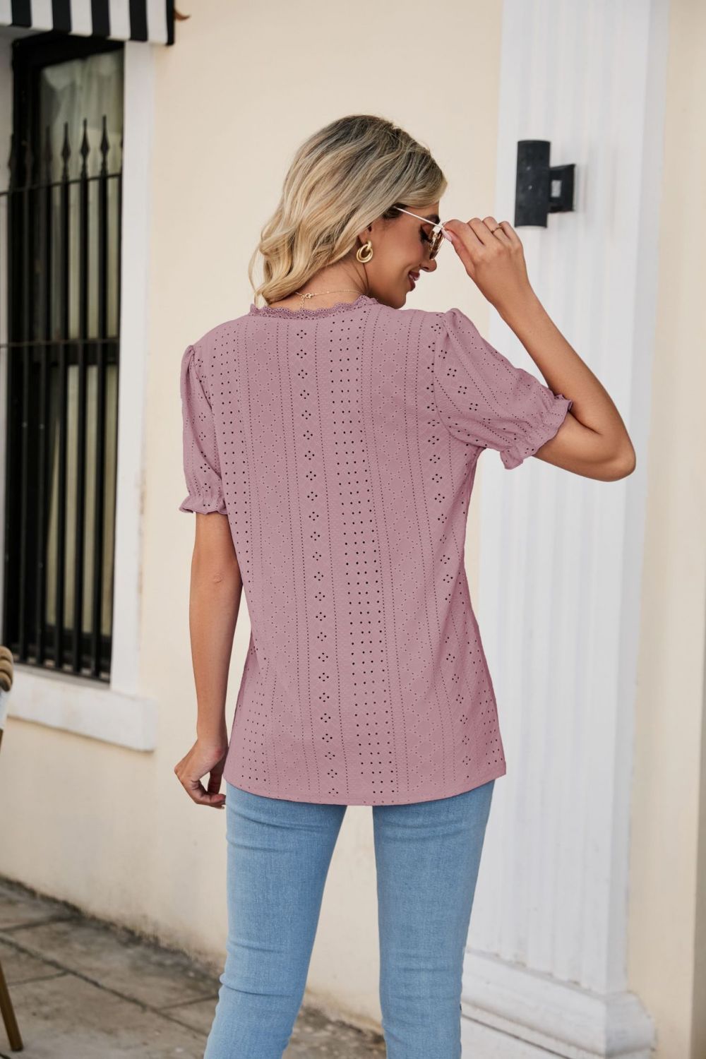 Eyelet Flounce Sleeve Scalloped V-Neck Top – Trendsi | ClozArt