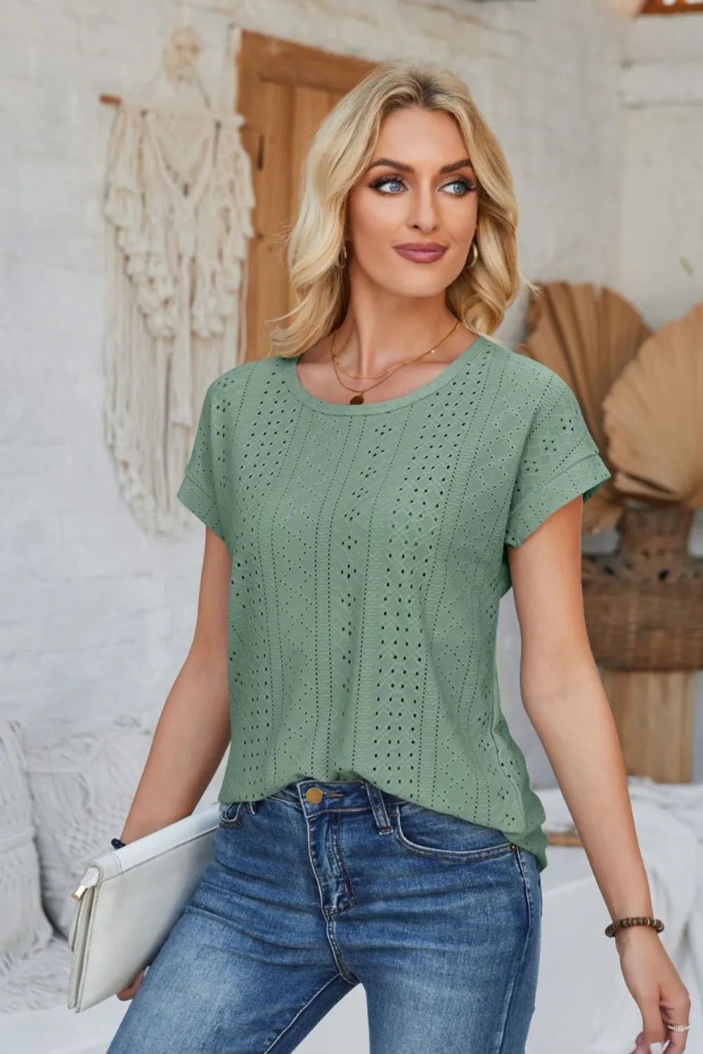 Eyelet Round Neck Rolled Short Sleeve T-Shirt – Trendsi | ClozArt