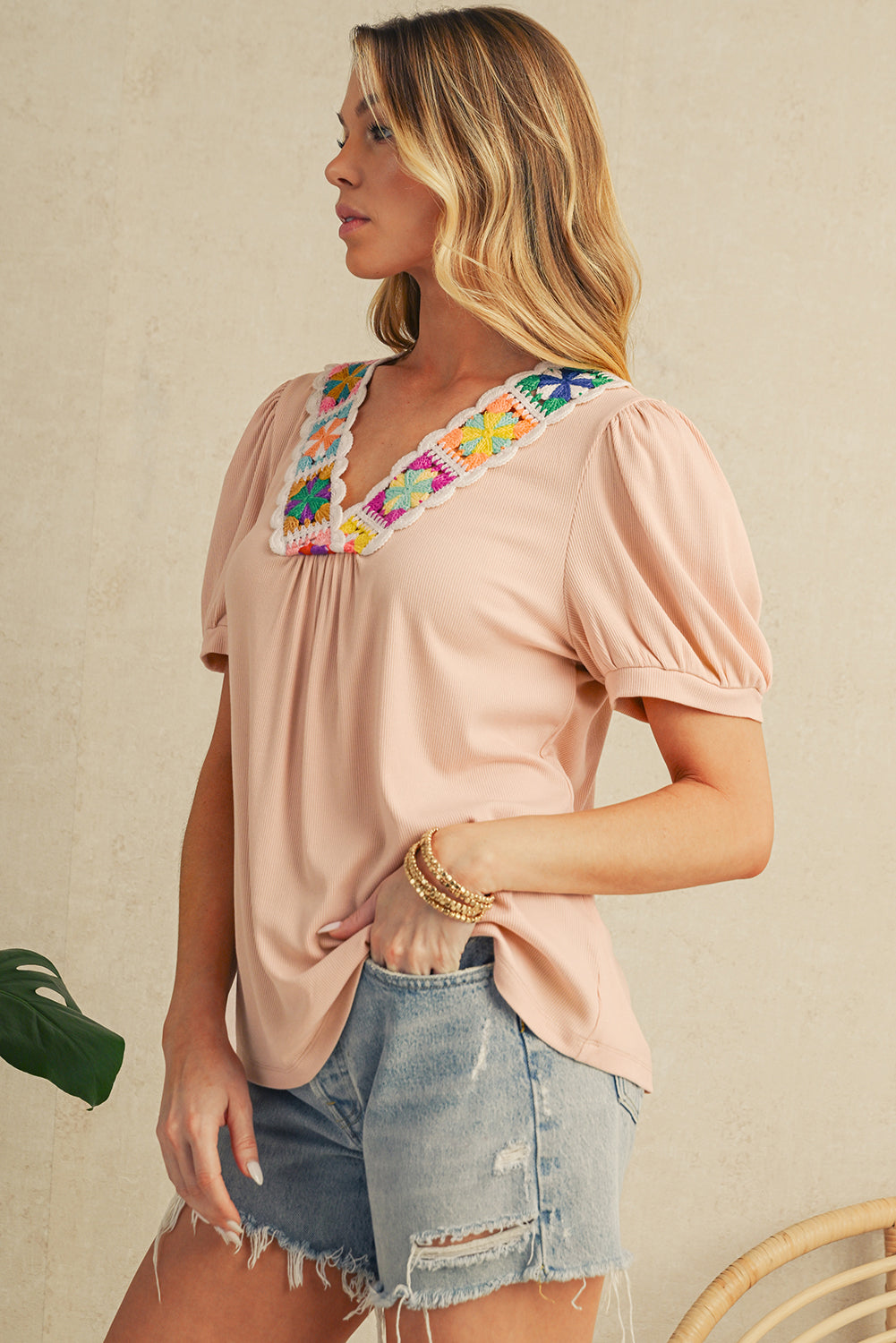 Pale Chestnut Floral Crochet V Neck Crinkled Blouse – Shewin | ClozArt