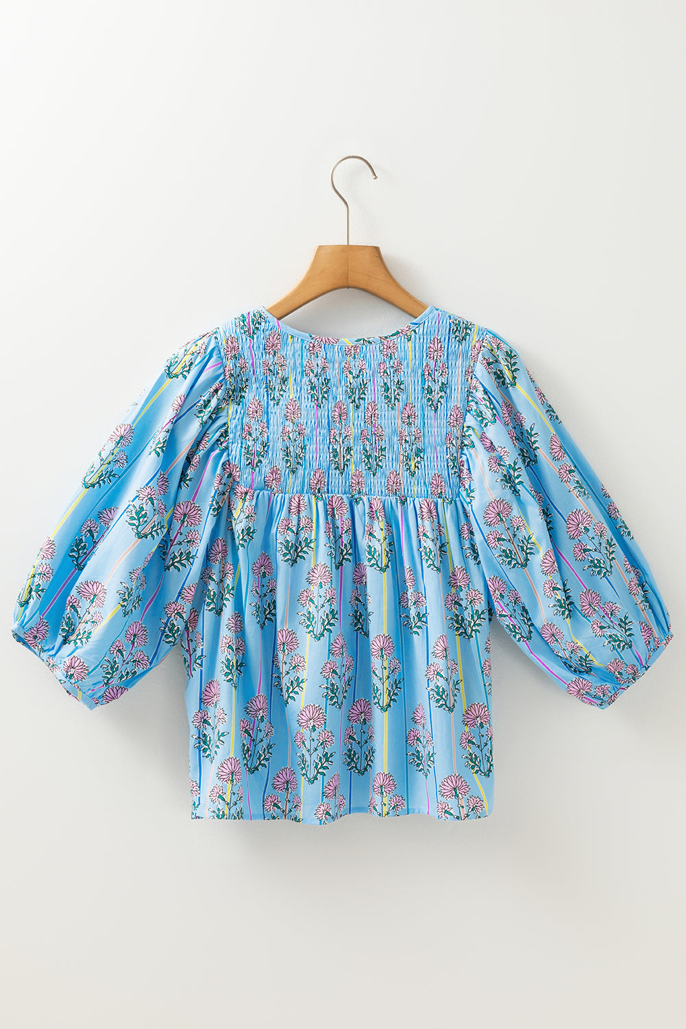 Sky Blue Floral Striped Smocked V Neck Blouse – Shewin | ClozArt