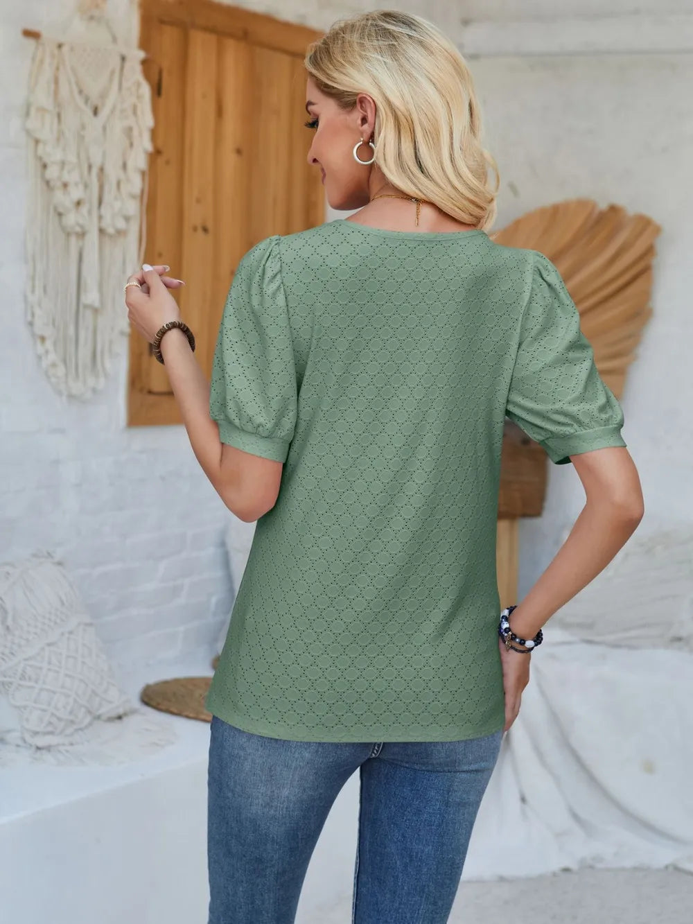 Eyelet Asymmetrical Neck Short Sleeve T-Shirt – Trendsi | ClozArt