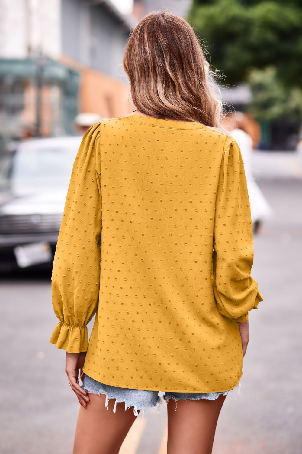 Swiss Dot Notched Neck Flounce Sleeve Blouse – Trendsi | ClozArt