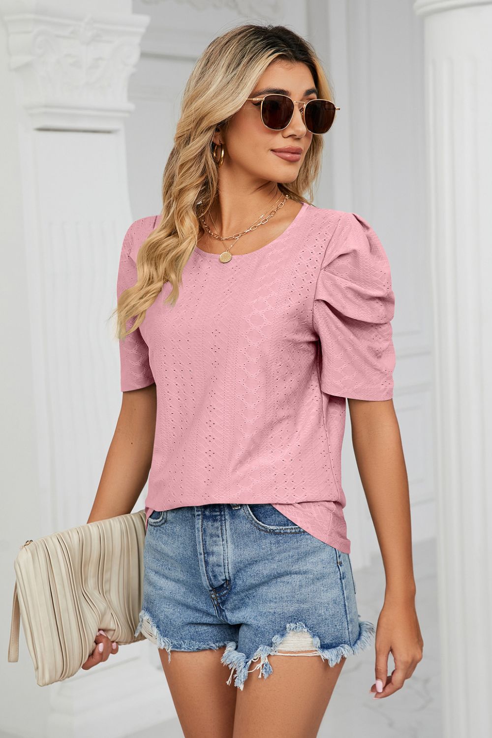 Eyelet Puff Sleeve Round Neck Blouse – Trendsi | ClozArt