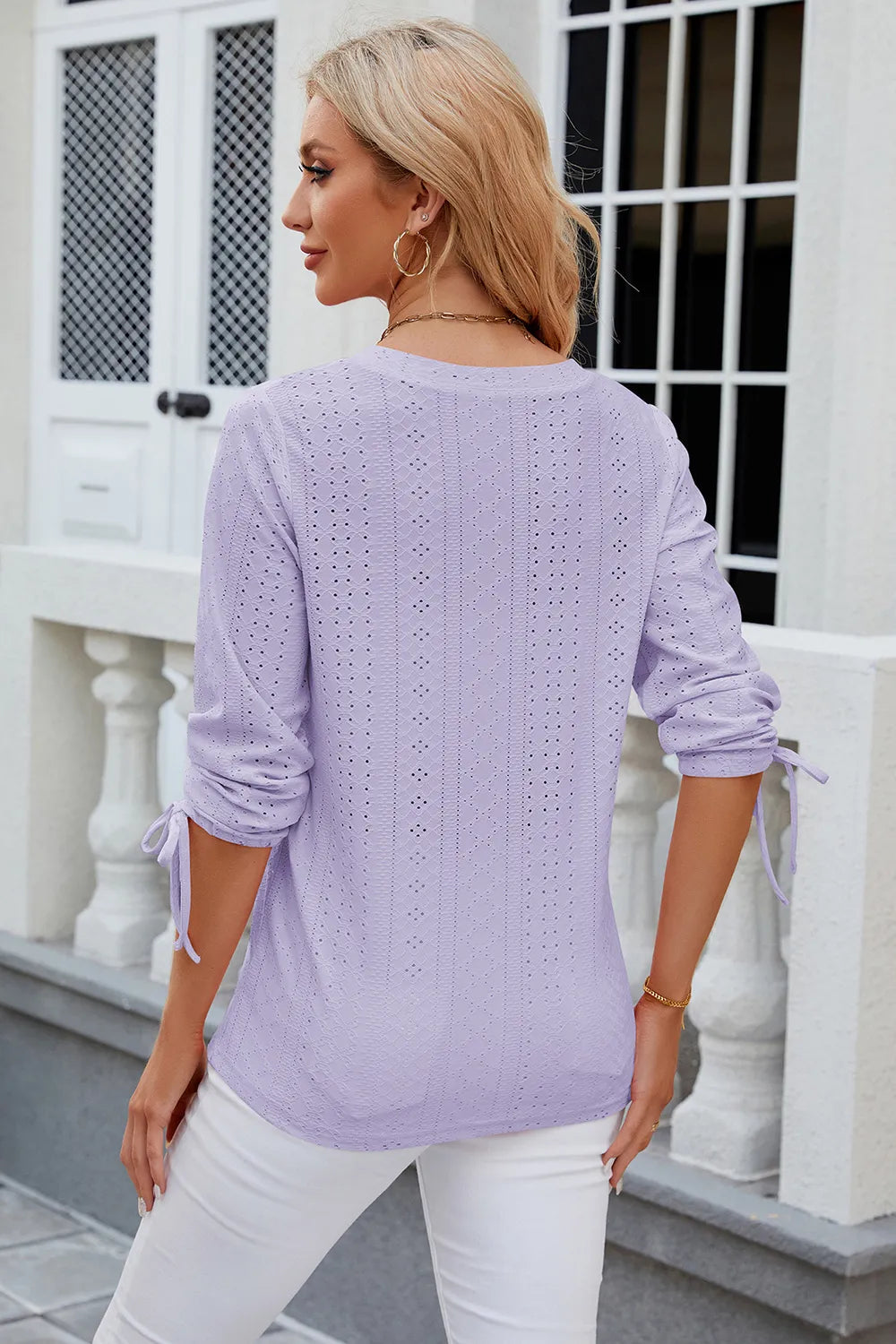 Eyelet Drawstring V-Neck Half Sleeve T-Shirt – Trendsi | ClozArt