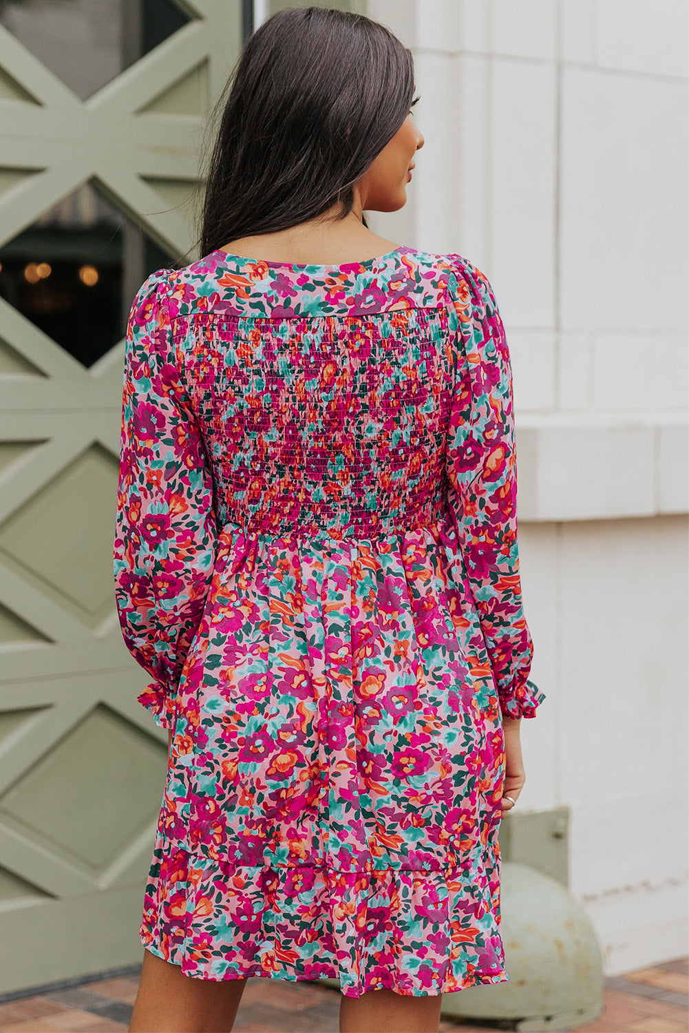 Floral Smocked V-Neck Flounce Sleeve Dress – Trendsi | ClozArt